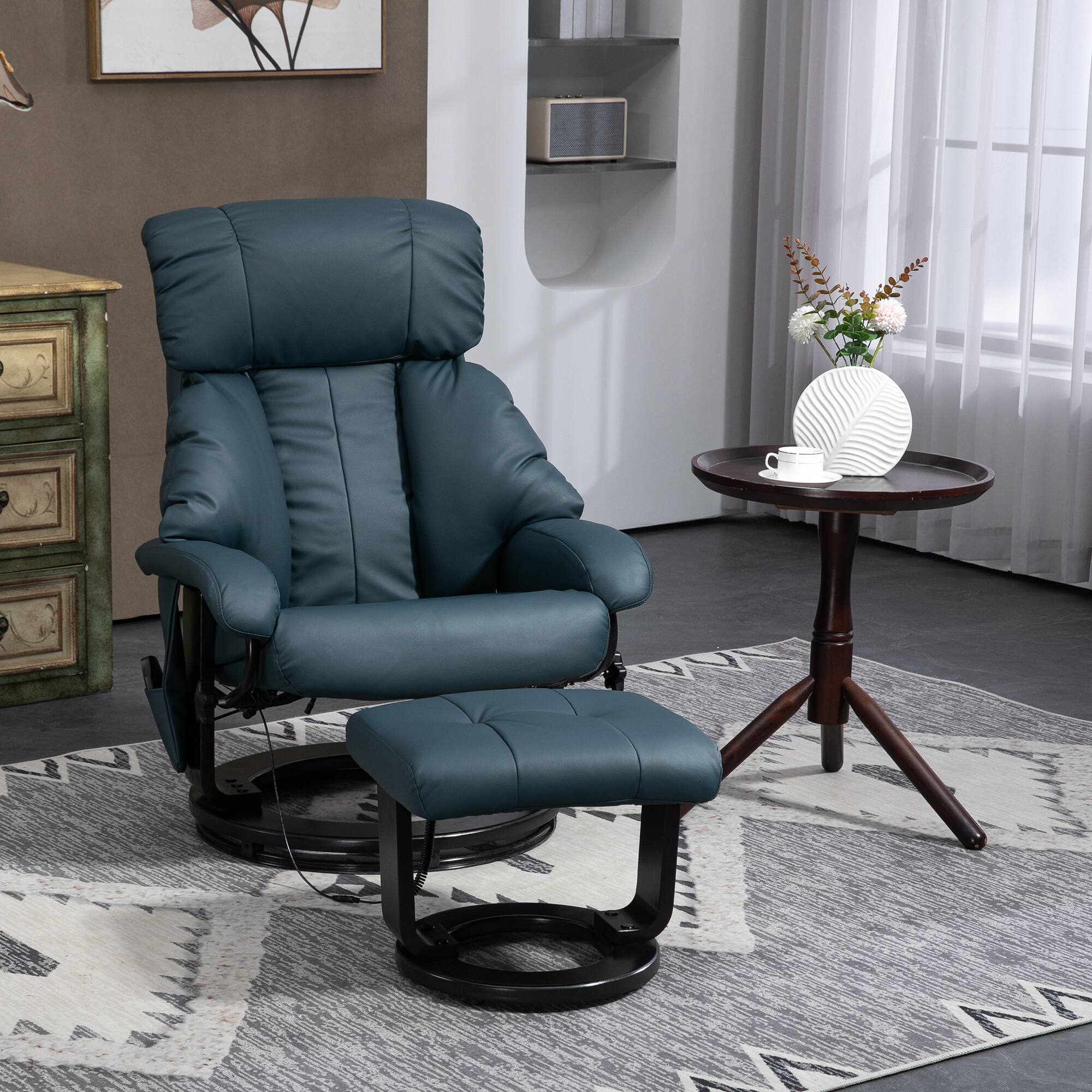 Alt View 1. Homcom - Massage Recliner with Ottoman: 360° Swivel Footstool, 10 Vibration Point PU Reclining Chair w/Remote - Blue.