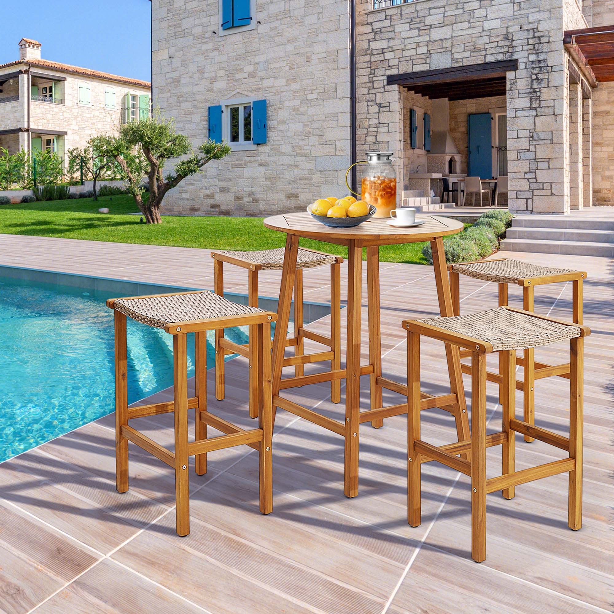 Alt View 1. Costway - Costway 4PCS Patio PE Wicker Bar Stools with Acacia Wood Frame Bar Height Chairs Poolside - Light Brown,Teak.