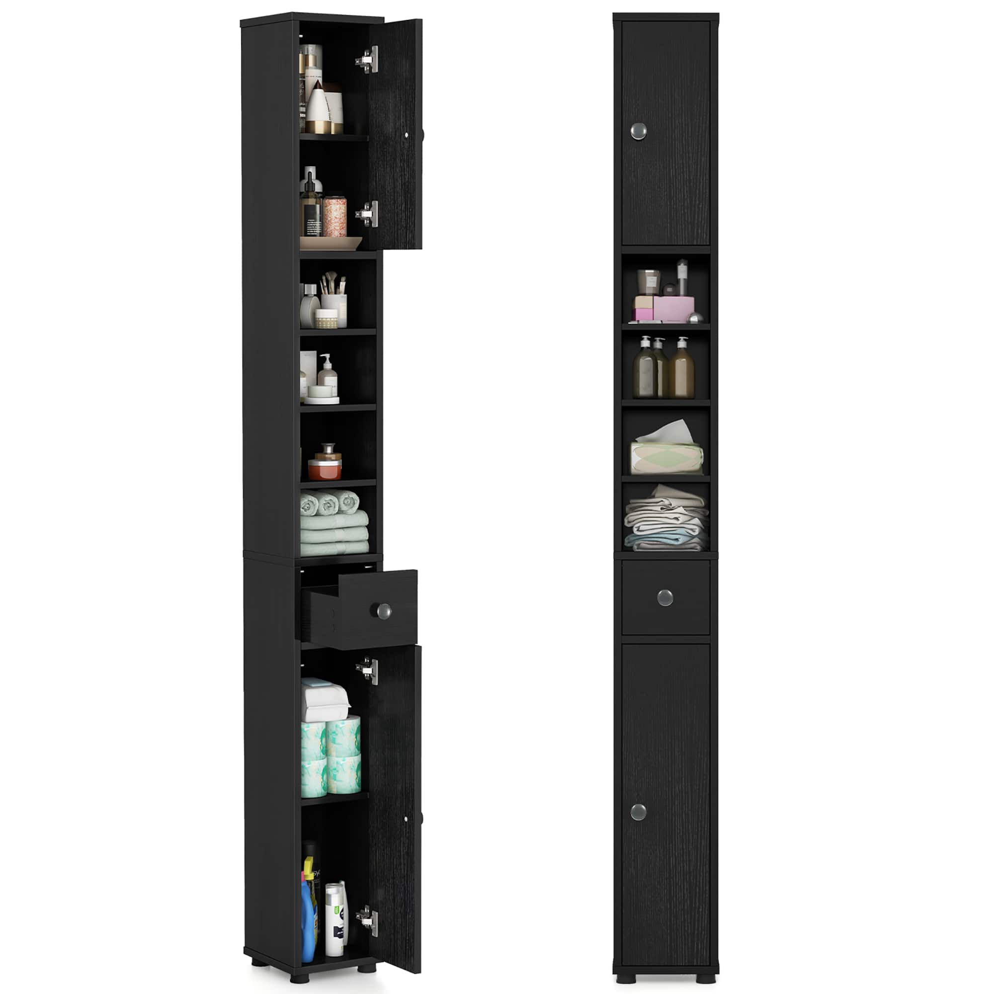 Gymax - Tall Slim Bathroom Storage Cabinet Linen Tower w/Drawer Adjustable Shelves - Black