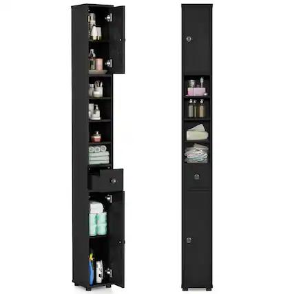 Front. Gymax - Gymax Tall Slim Bathroom Storage Cabinet Linen Tower w/Drawer Adjustable Shelves Black - Black.