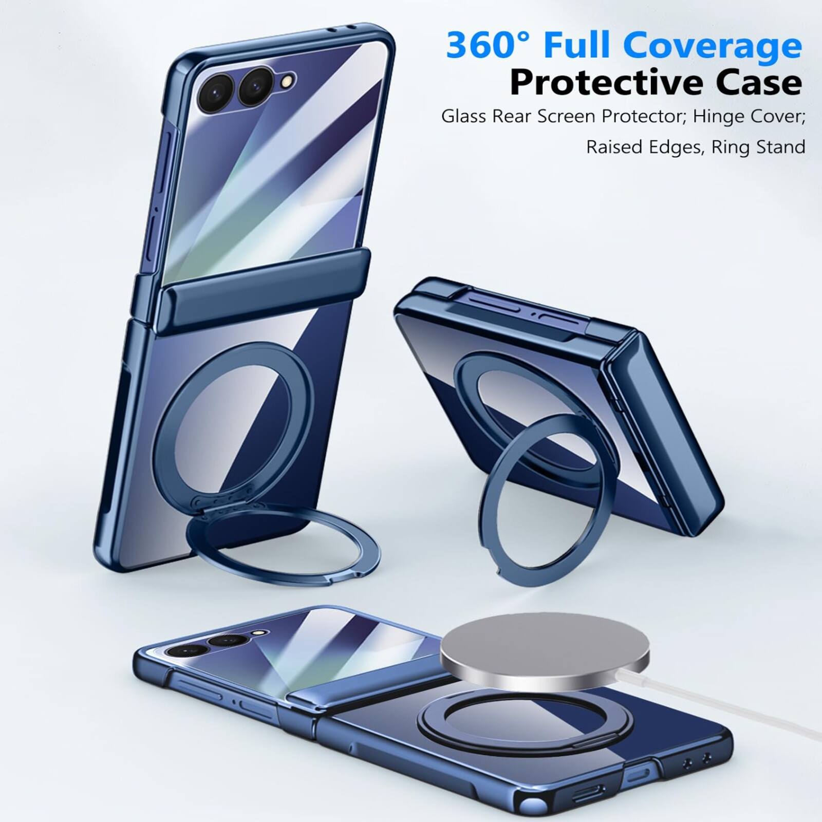 360° Full Coverage Protective Case  
Glass Rear Screen Protector; Hinge Cover; Raised Edges, Ring Stand
