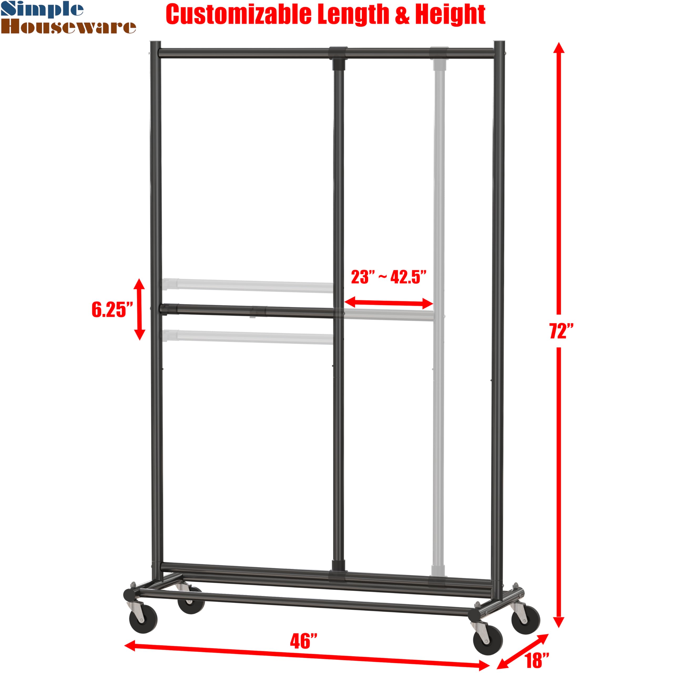 Simple Houseware

Customizable Length & Height

- Length: 23" ~ 42.5"
- Height: 72"
- Width: 46"
- Shelf Depth: 18"
- Shelf Height: 6.25"