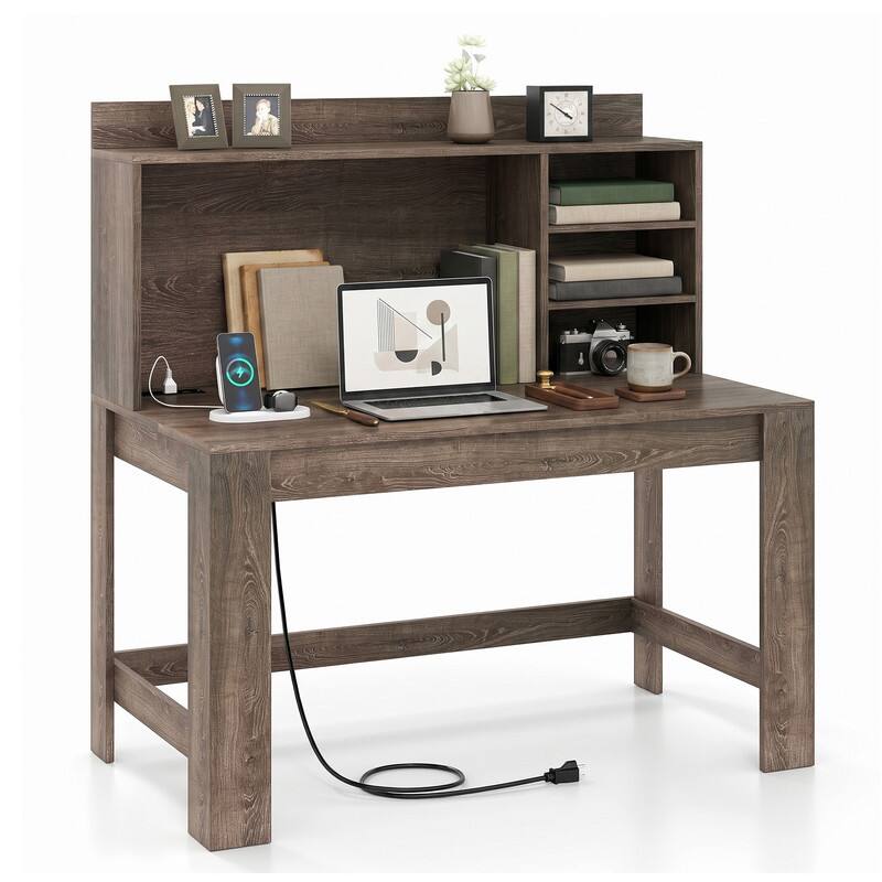 Left. WELLFOR - 42.5" Computer Desk with Hutch & Power Outlets, Study Desk Writing Desk for Home Office - Oak.