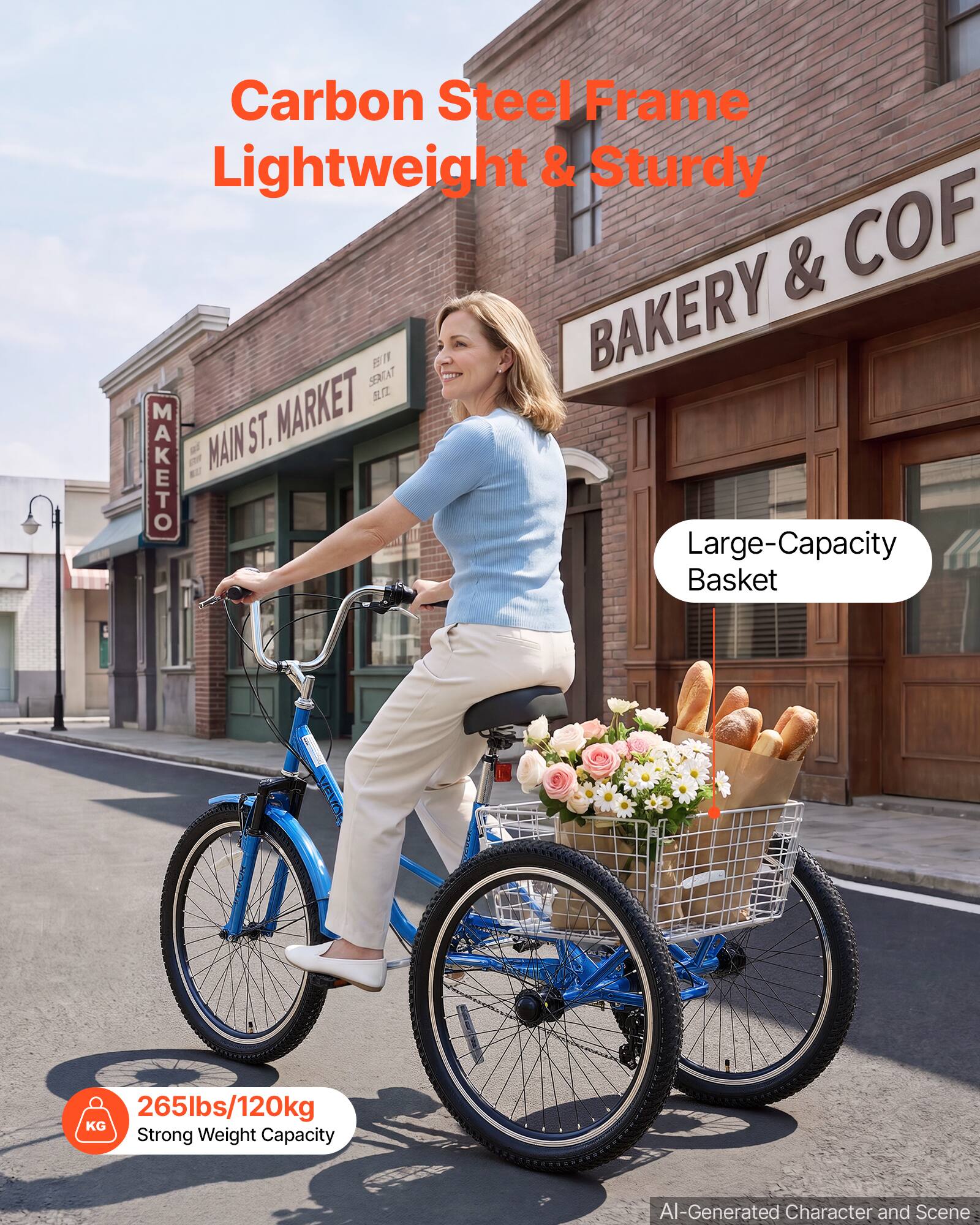 Carbon Steel Frame Lightweight & Sturdy

COF SERITAT ESTY BAKERY MAIN 5 ST. MARKET MAKETO Large-Capacity Basket

265lbs/120kg KG Strong Weight Capacity

AI-Generated Character and Scene