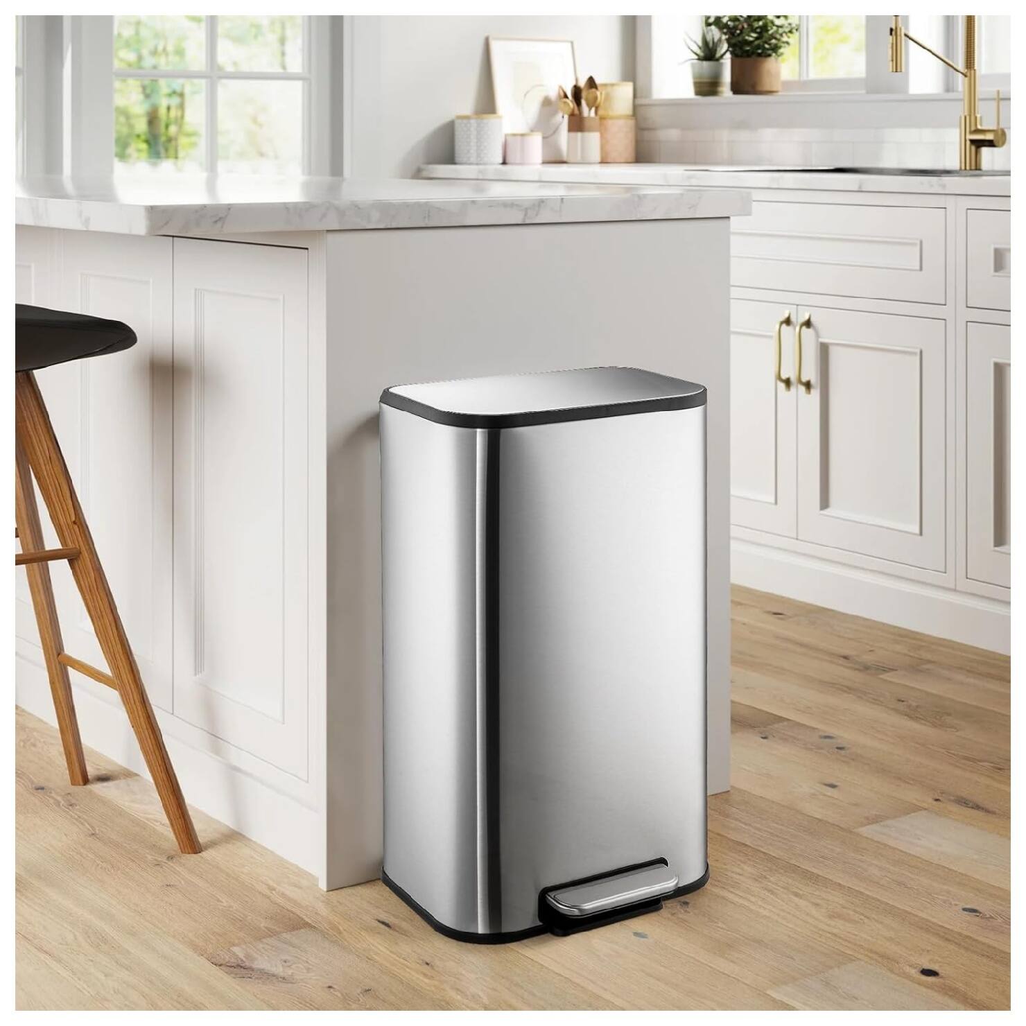 Angle. GARVEE - 8 Gallon/30 L Trash Can, Stainless Steel Trash Can with Soft-Close Lid - Silver.