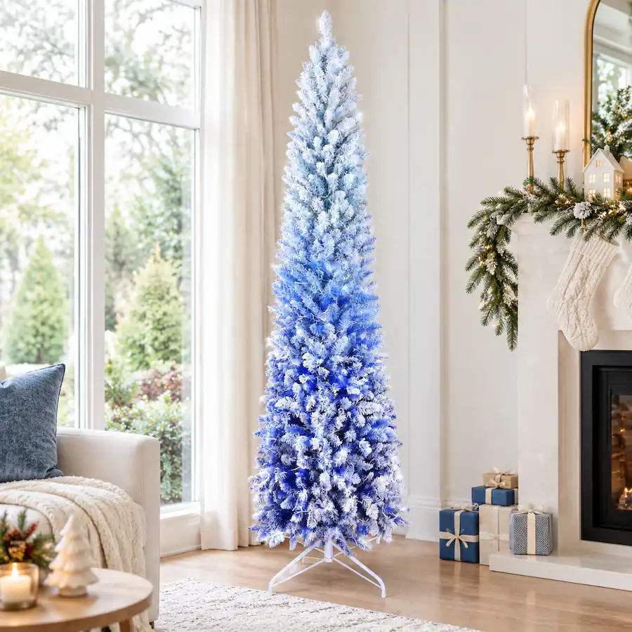 Blue Gradient Back RYHNUYNE 7 Ft Gradient Flocked Pencil Christmas Tree With 300 Warm ...