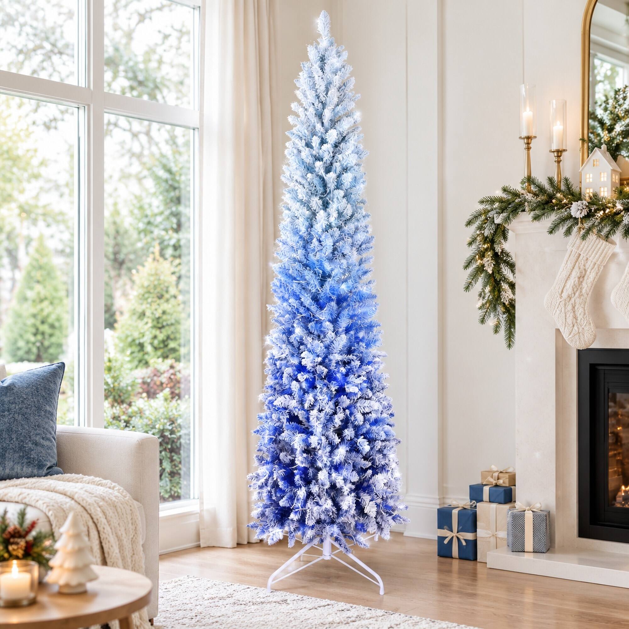 RYHNUYNE 7 Ft Gradient Flocked Pencil Christmas Tree With 300 Warm ...