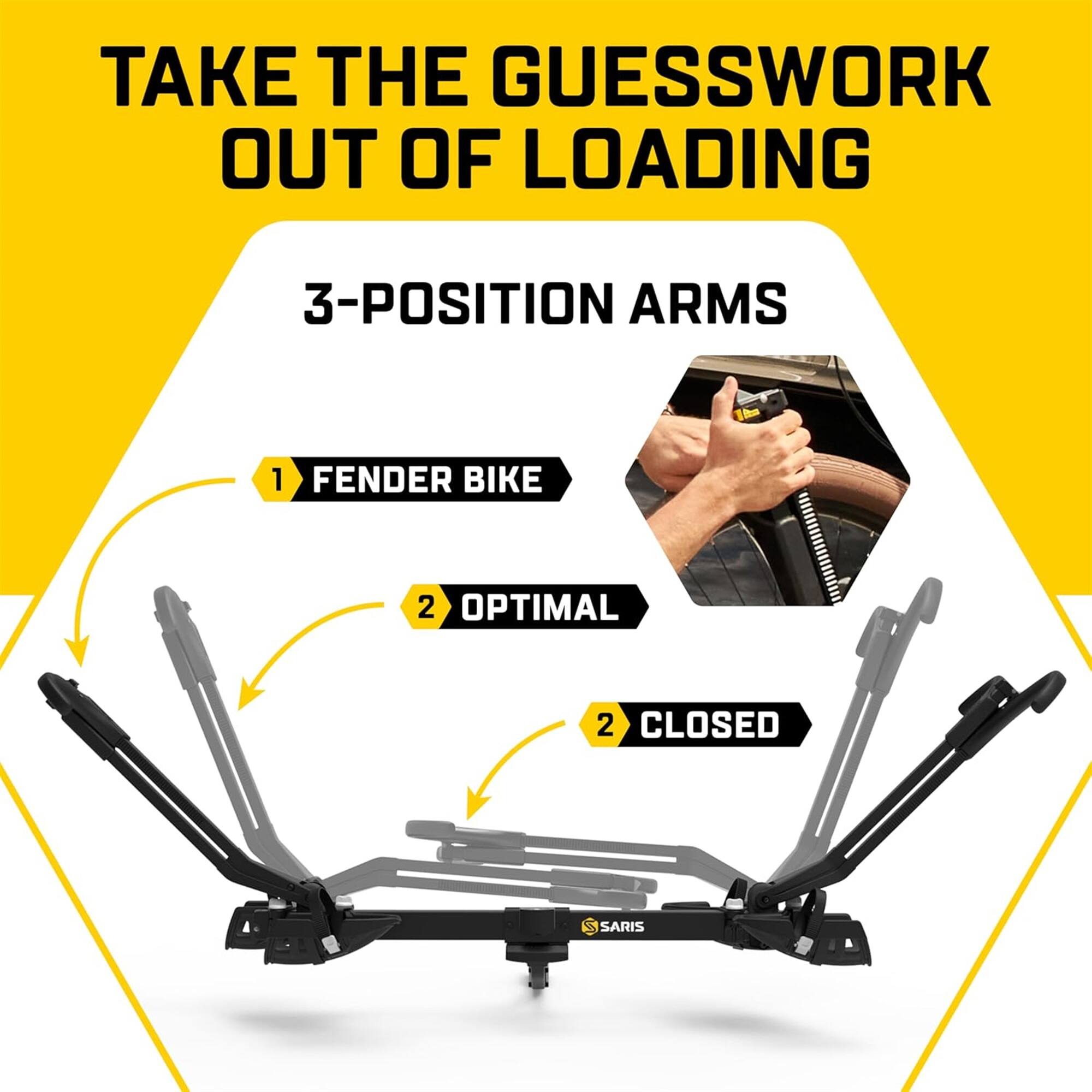 TAKE THE GUESSWORK OUT OF LOADING
3-POSITION ARMS
1 FENDER BIKE
2 OPTIMAL
2 CLOSED
S5 SARIS