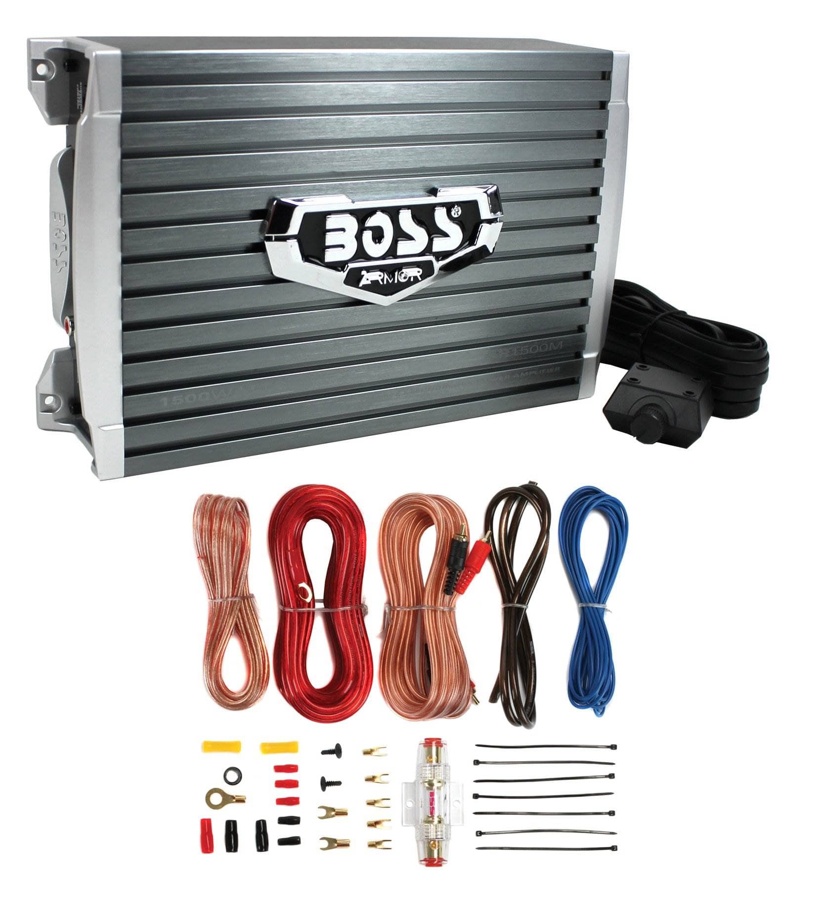 BOSS Audio - Boss AR1500M 1500 Watt MONO Compact Amplifier and Bass Knob and Amp Wiring Kit - Black