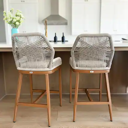 Front. PURPLE LEAF - Outdoor Bar/Counter Height Stool Set of 2 Wicker Rattan Bar stools with Back Aluminum Outside Garden Patio Bar Chairs - Twill-Teak-Counter Height.