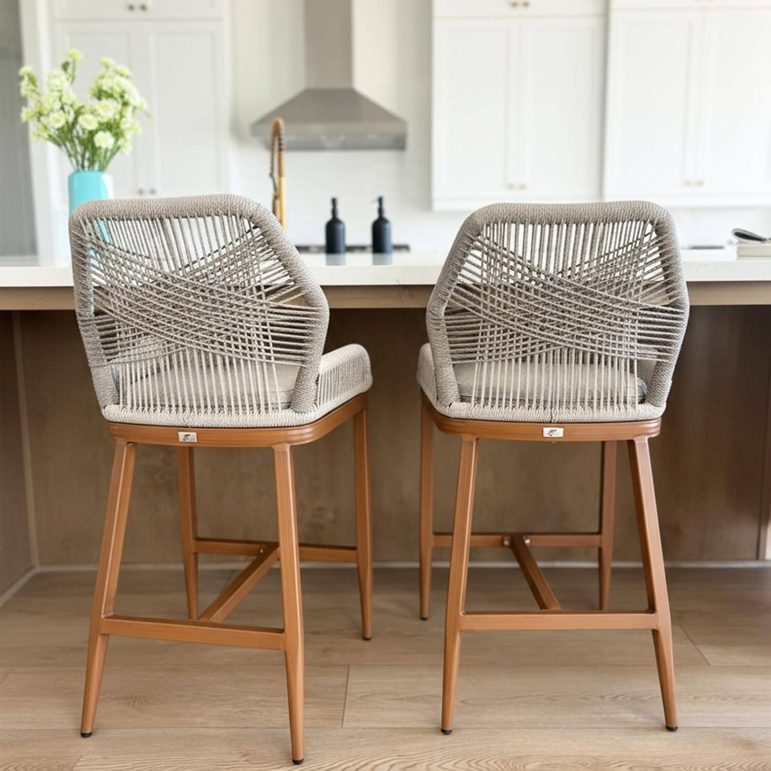 Alt View 1. PURPLE LEAF - Outdoor Bar Stool Set of 2, Wicker Rattan Bar stools with Back Aluminum Outside Garden Patio Bar Chairs - Teak-twill-Counter Height.