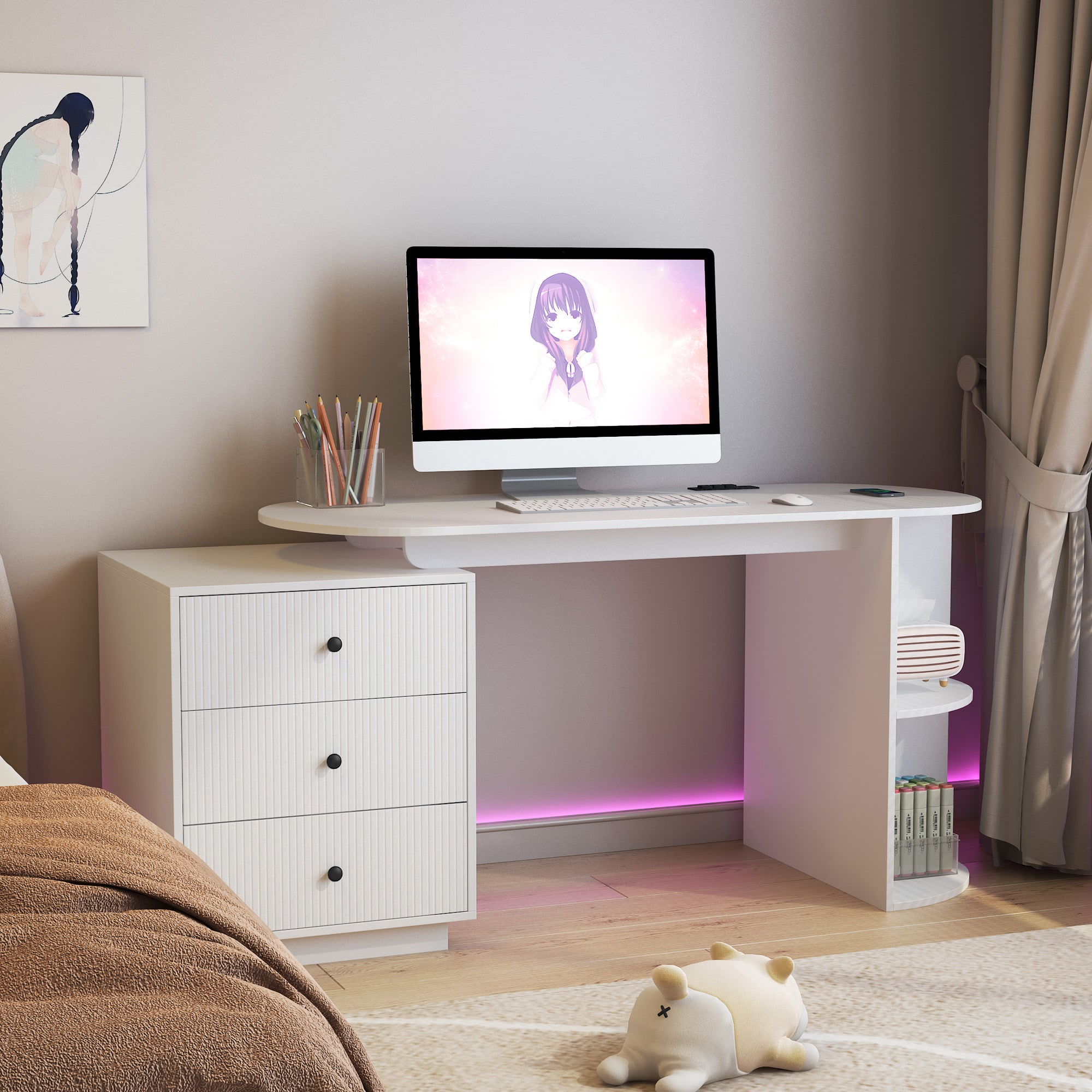 Tiramisubest - Modern Home Office Table,Expandable Desk with Storage Drawers & Open Shelf,Computer Desk with Hutch & Bookshelf - White