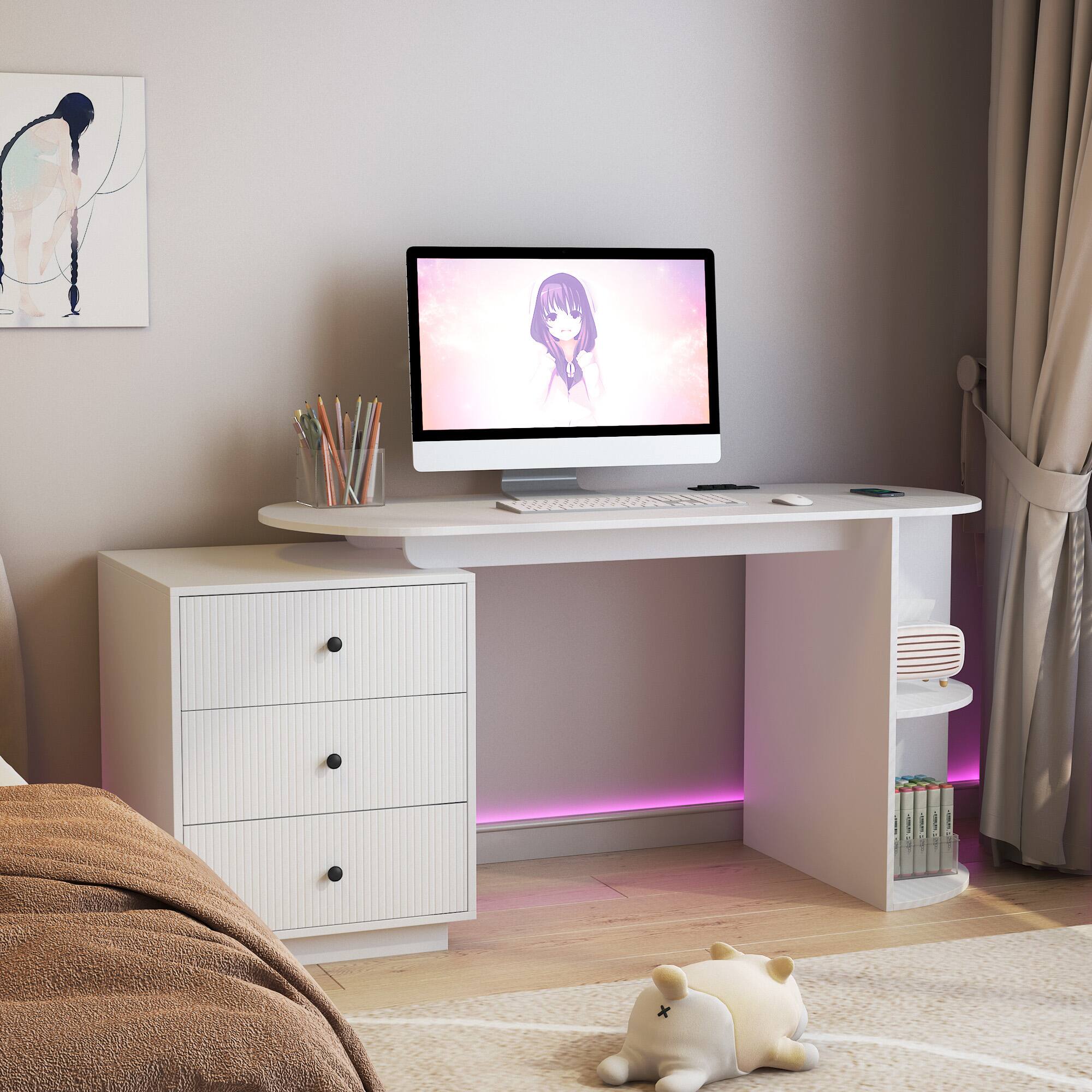 Front. Tiramisubest - Modern Home Office Table,Expandable Desk with Storage Drawers & Open Shelf,Computer Desk with Hutch & Bookshelf - White.