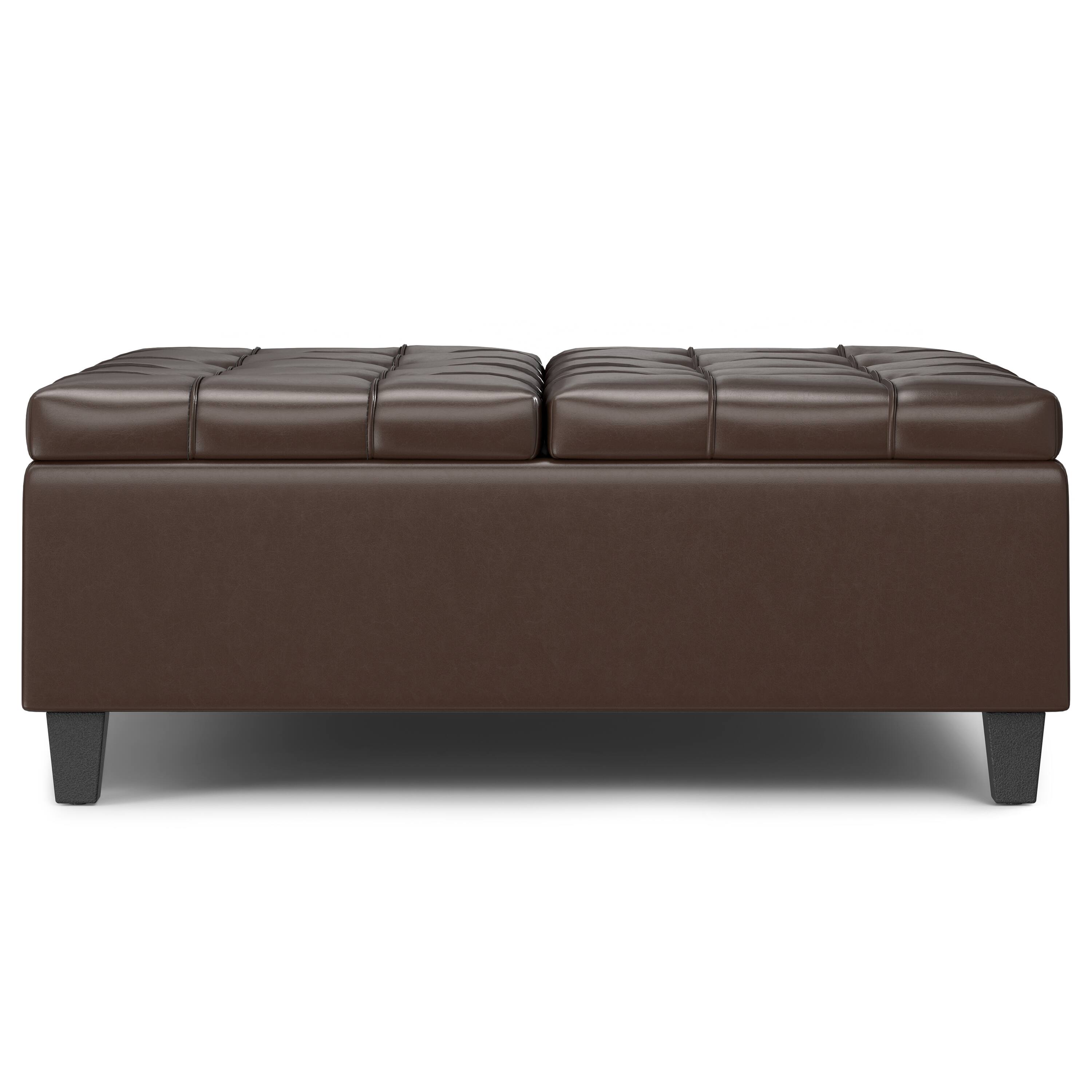 Left. Simpli Home - Harrison 40 inch Wide Large Square Coffee Table Storage Ottoman in Chocolate Brown Vegan Leather - Chocolate Brown.