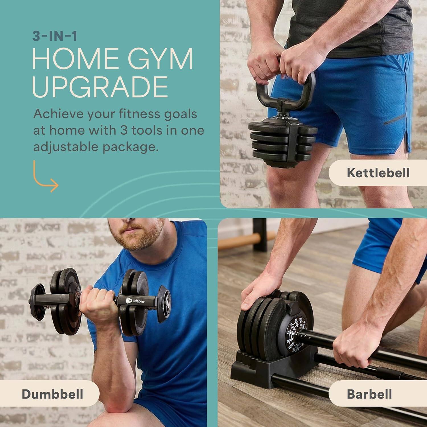 3-IN-1 HOME GYM UPGRADE  
Achieve your fitness goals at home with 3 tools in one adjustable package.  

- Kettlebell  
- Dumbbell  
- Barbell