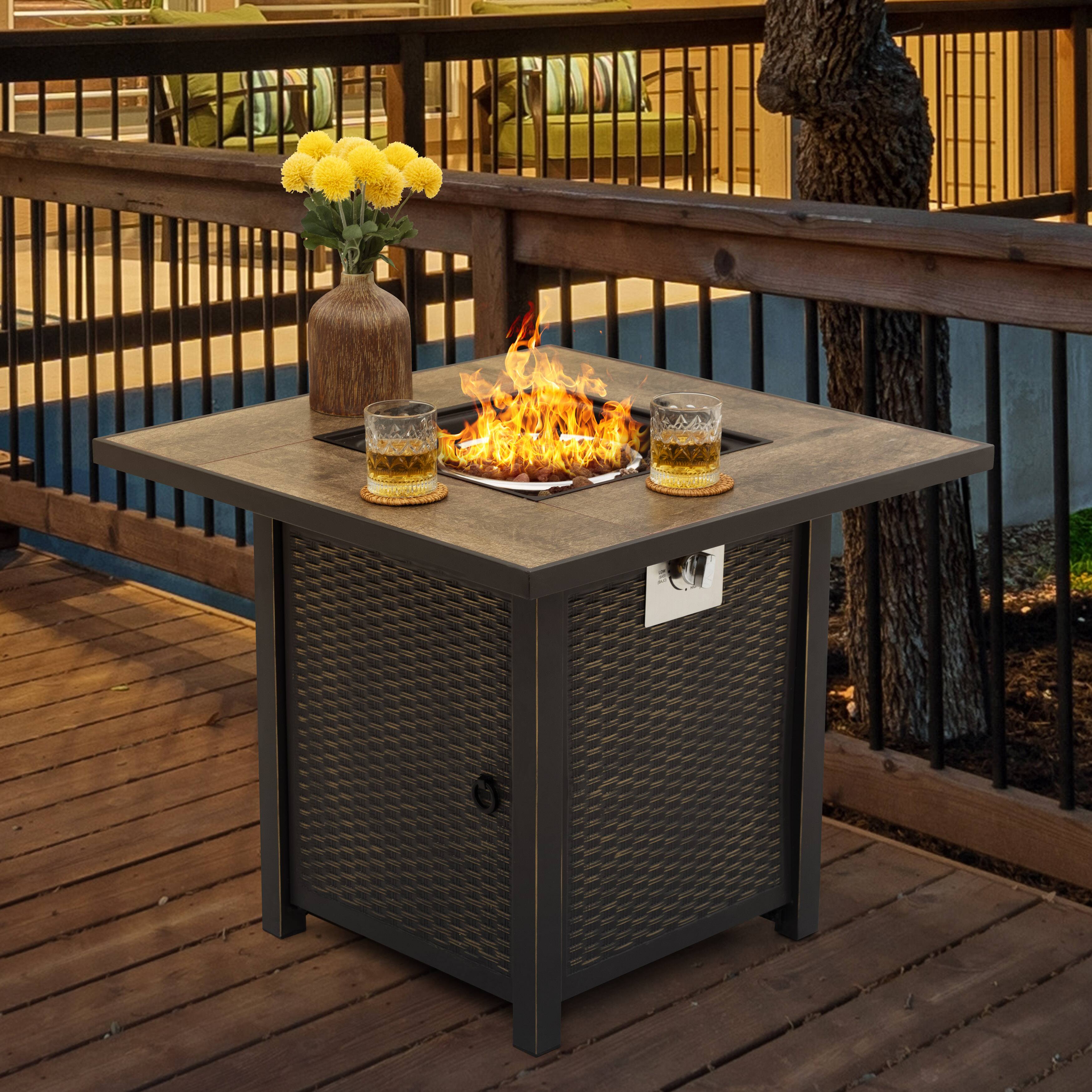 Alt View 6. Nuu Garden - 30'' Outdoor Metal Gas Fire Pit Table with Lid and Lava Rocks - black with gold-painted edge, brown.