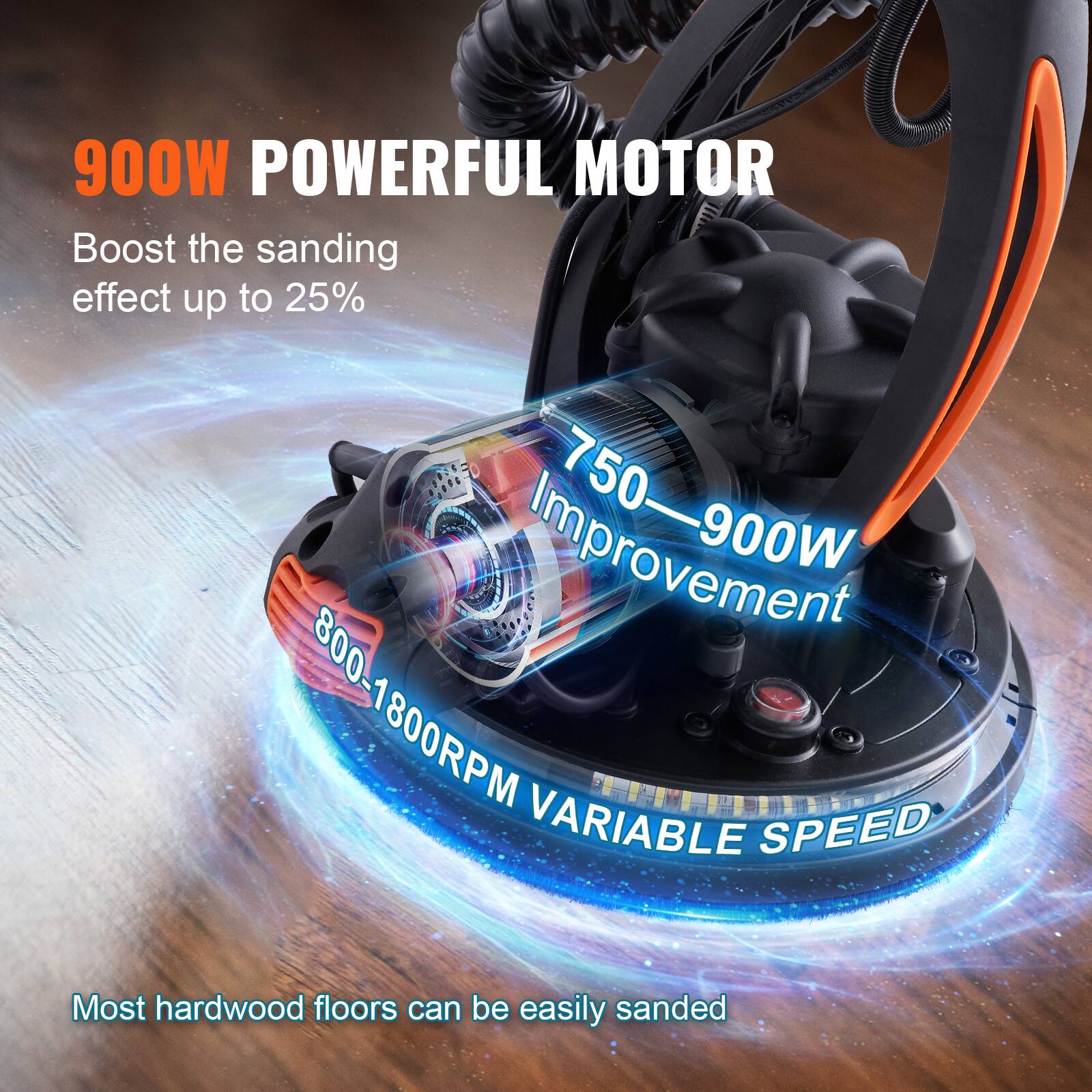 900W POWERFUL MOTOR  
Boost the sanding effect up to 25%  
750-900W Improvement  
800-1800RPM VARIABLE SPEED  
Most hardwood floors can be easily sanded