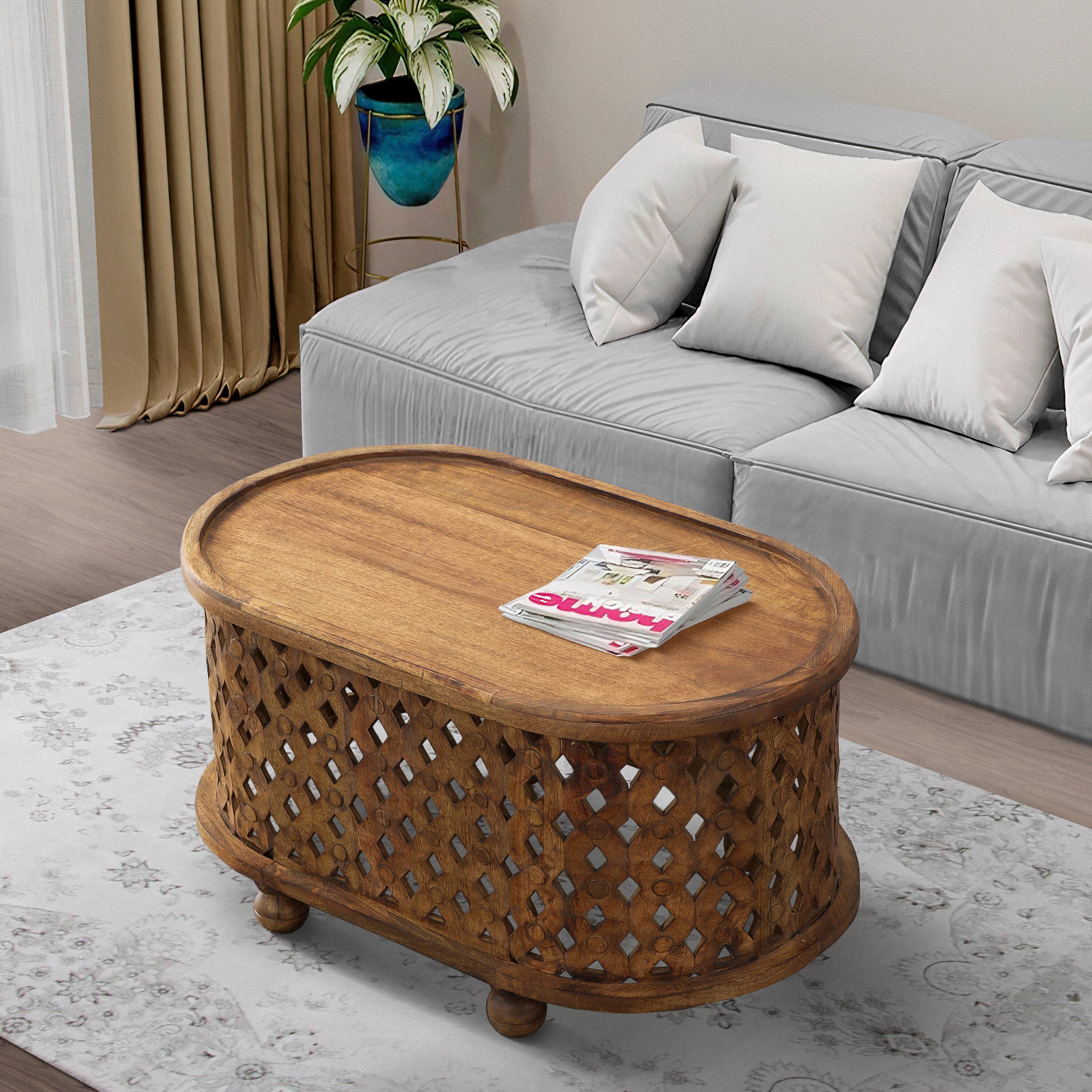 Alt View 10. Manhattan Lane - 36 Inch Handcrafted Oval Coffee Table, Intricate Cutout Design - Brown.
