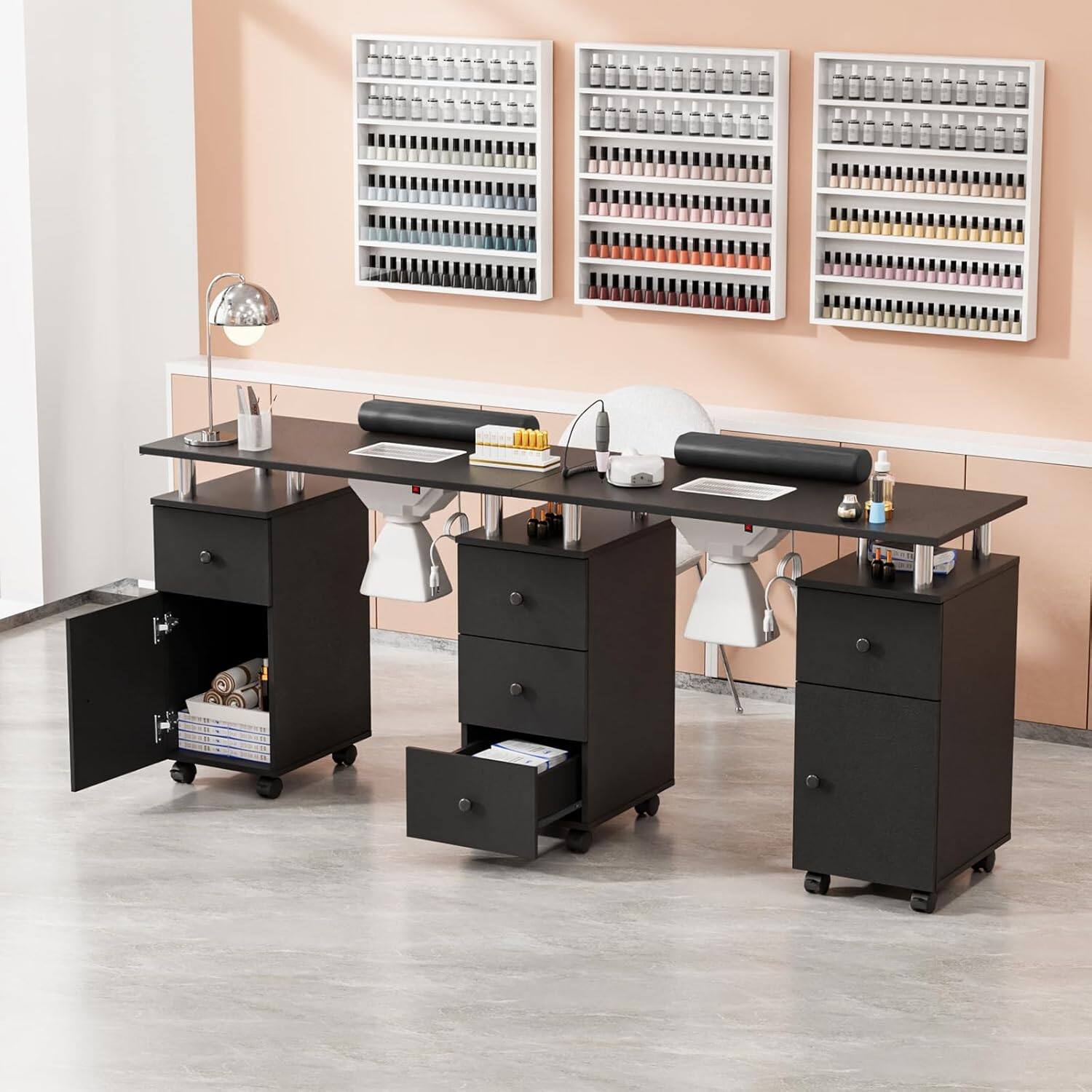 Alt View 3. Winado - Double Manicure Table Nail Table Station with Dust Collector & Drawers & Storage Cabinet & Lockable Wheels for Beauty - Black.
