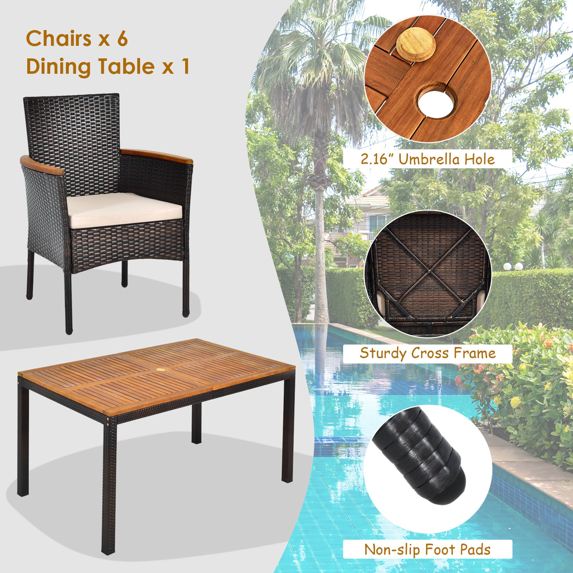 Chairs x 6  
Dining Table x 1  

2.16" Umbrella Hole  
Sturdy Cross Frame  
Non-slip Foot Pads