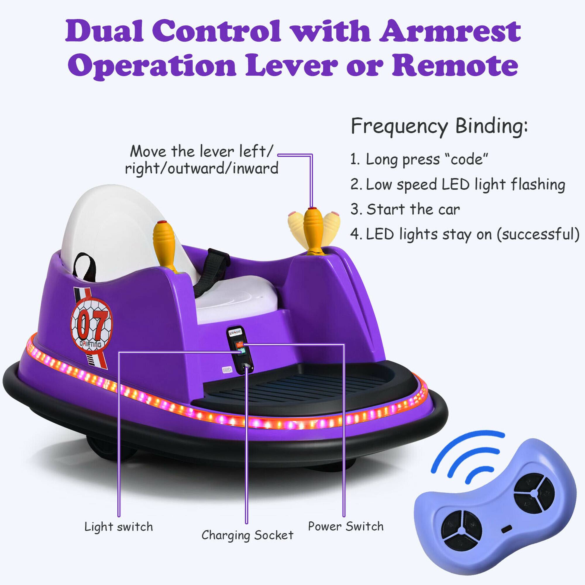 Dual Control with Armrest Operation Lever or Remote

Frequency Binding:
1. Long press "code"
2. Low speed LED light flashing
3. Start the car
4. LED lights stay on (successful)

Light switch
Power Switch
Charging Socket