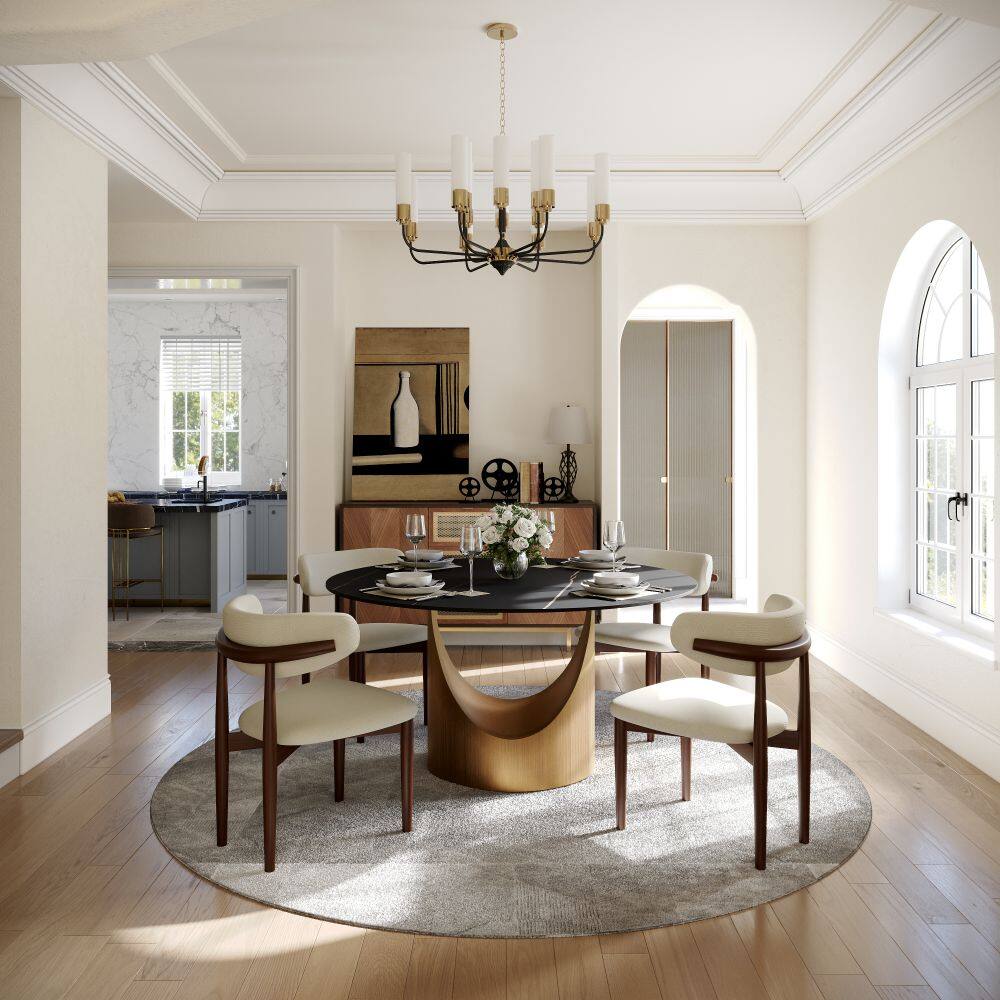 Angle. POVISON - 51" Round Black Matte Sintered Stone Dining Table with Bronze U-shaped Steel Base - Black Matte Sintered Stone with Bronze Steel Base.