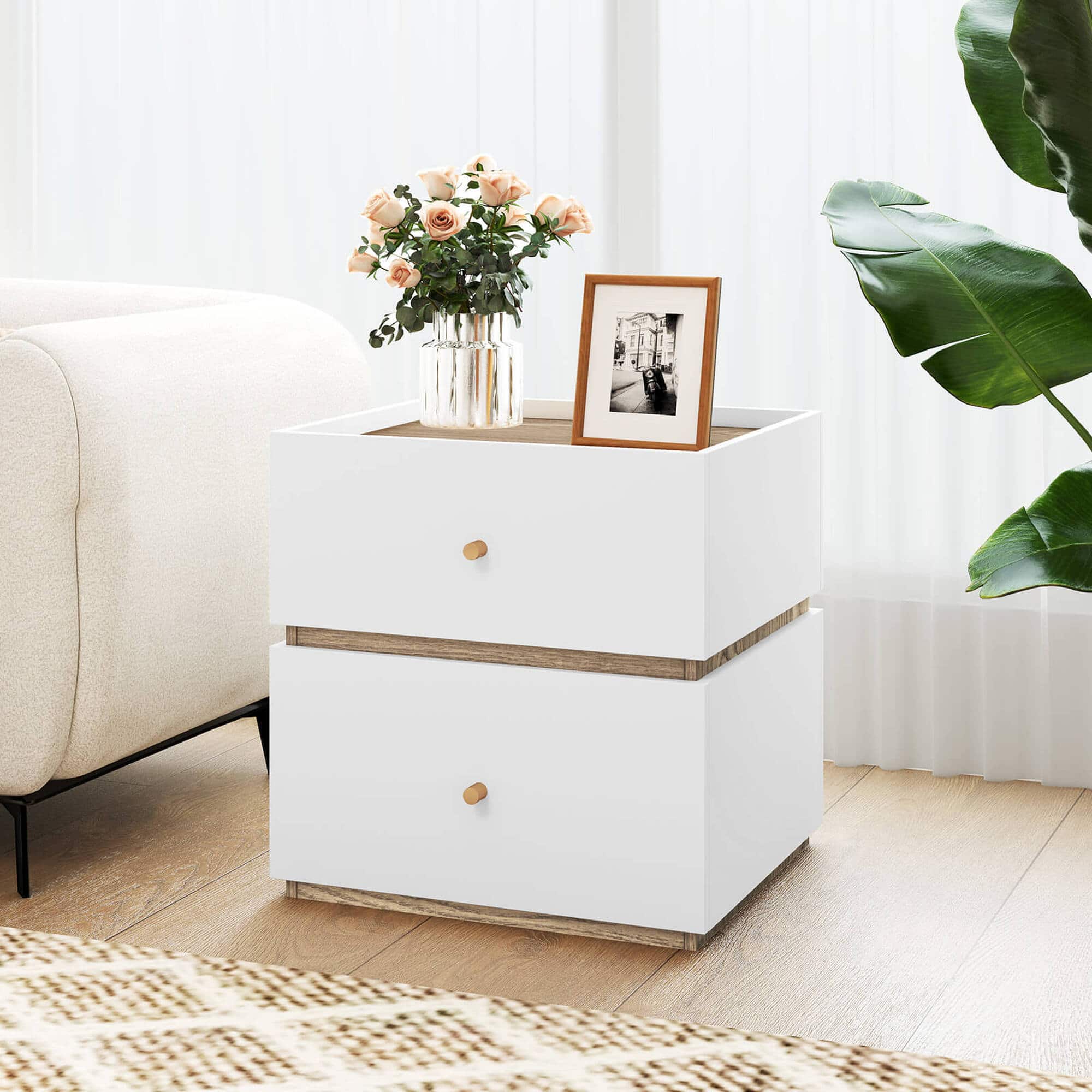 Back. Costway - 2 PCS 2-Drawer Nightstand Modern Bedside Table with Storag Raised Edge for Living Room - Natural + White.