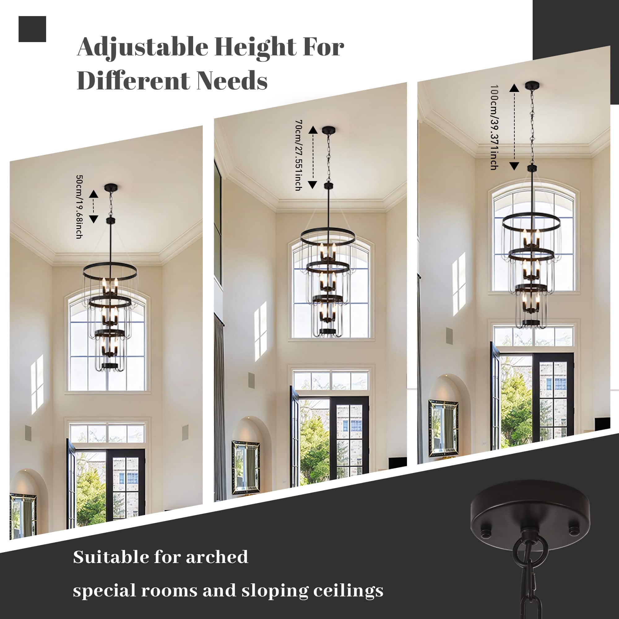 Black Farmhouse Chandelier – 8-Light Tiered Lantern Pendant Light For Entryway, Foyer, Staircase, And Hallway – Adjustable Chain, Lacquered Black Finish