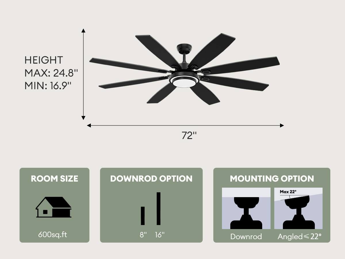 HEIGHT  
MAX: 24.8"  
MIN: 16.9"  

72"  

ROOM SIZE  
600sq.ft  

DOWNROD OPTION  
8" 16"  

MOUNTING OPTION  
Downrod  
Angled ≤ 22°