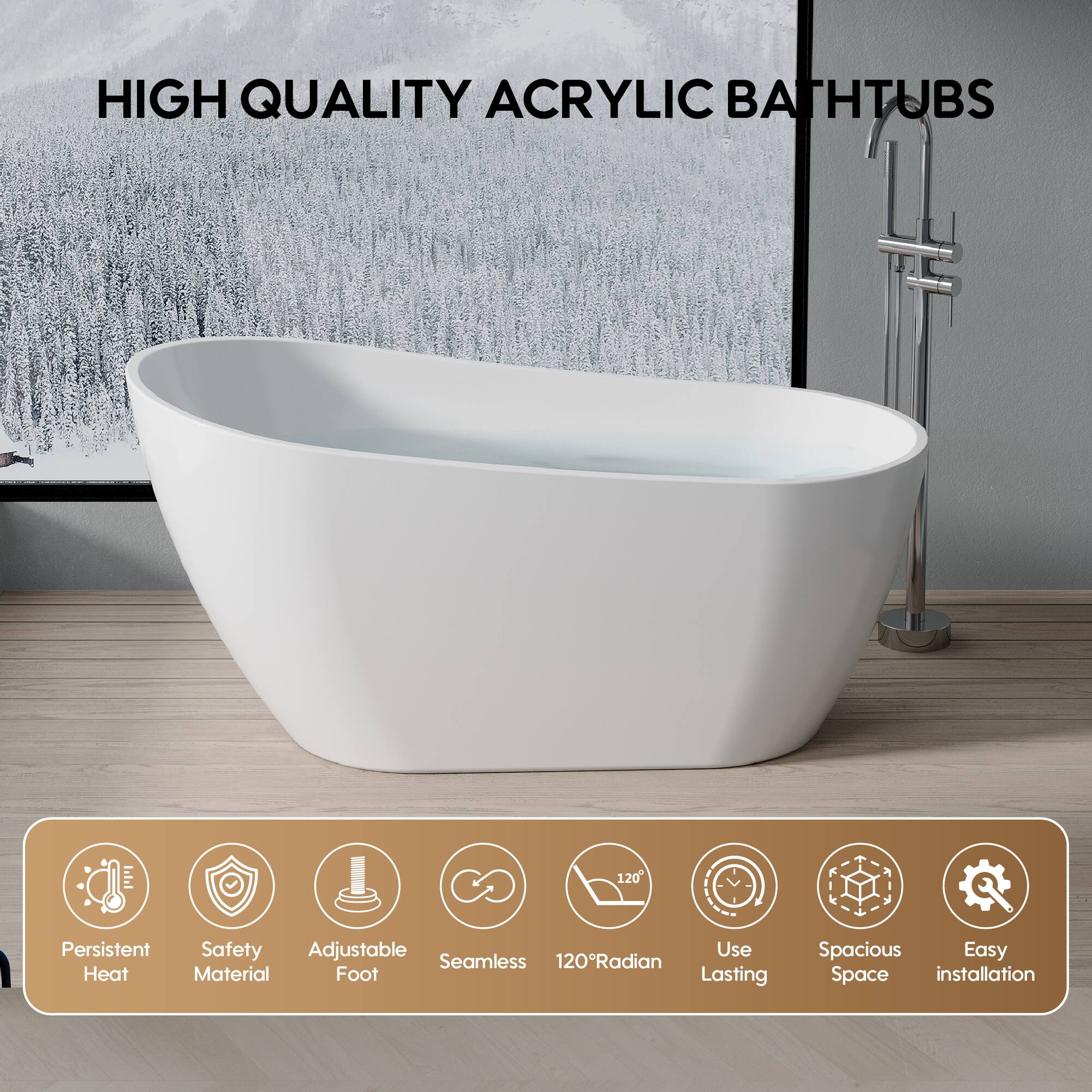 HIGH QUALITY ACRYLIC BATHTUBS

- Persistent Heat
- Safety Material
- Adjustable Foot
- Seamless
- 120° Radian
- Use Lasting
- Spacious Space
- Easy installation