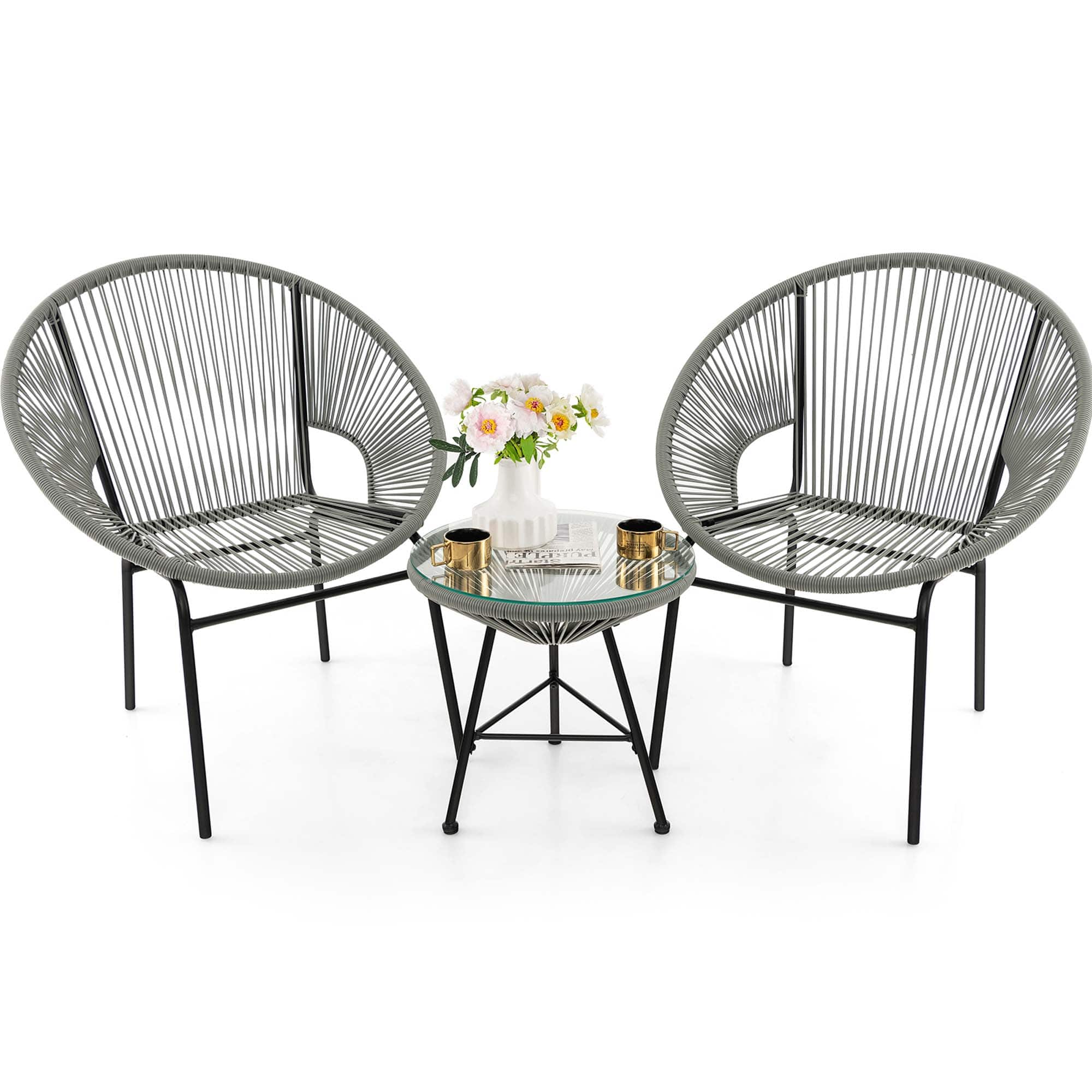 Costway - 3PCS Patio Acapulco Furniture Bistro Set Plastic Rope Glass Table Grey - Gray