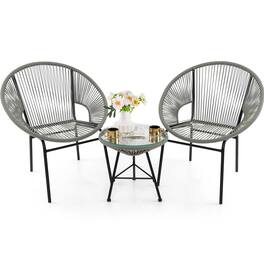 Costway - 3PCS Patio Acapulco Furniture Bistro Set Plastic Rope Glass Table Grey - Gray