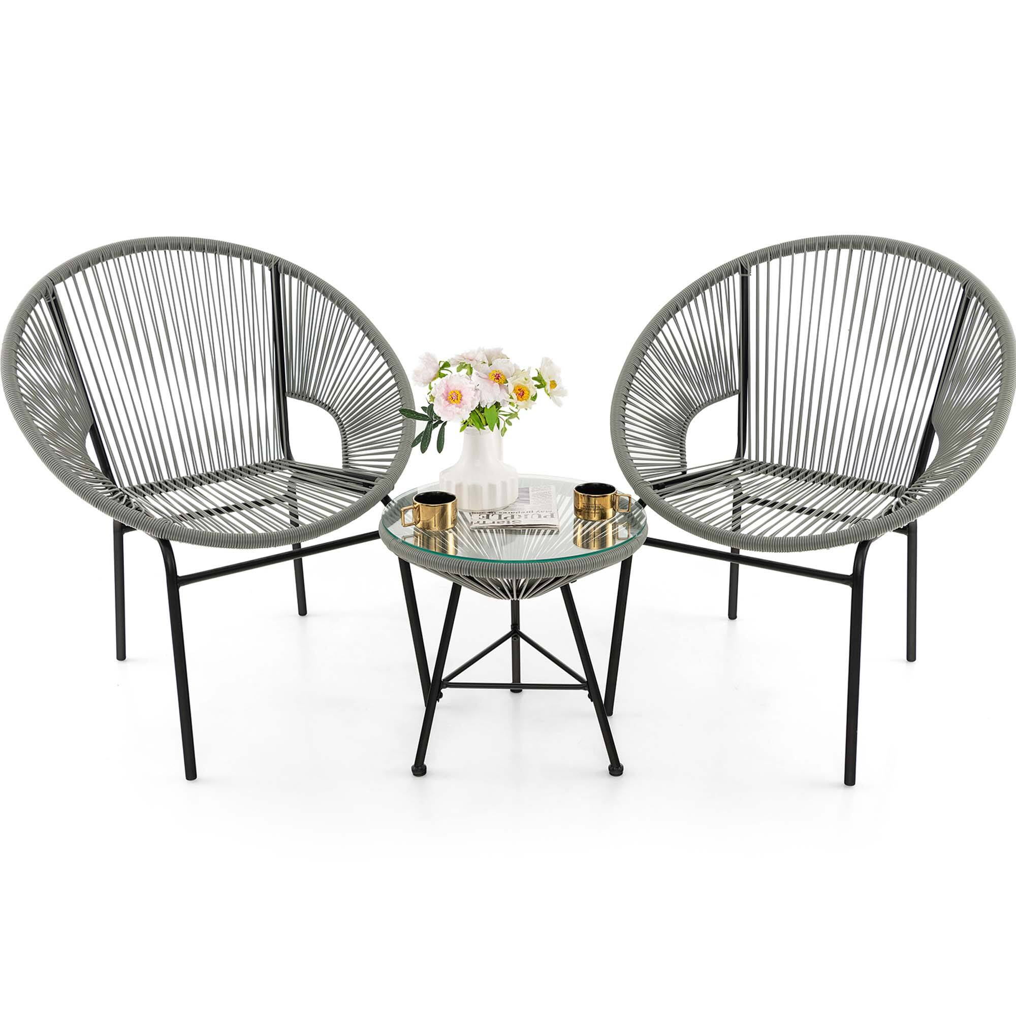 Front. Costway - Costway 3PCS Patio Acapulco Furniture Bistro Set Plastic Rope Glass Table Grey - Grey.