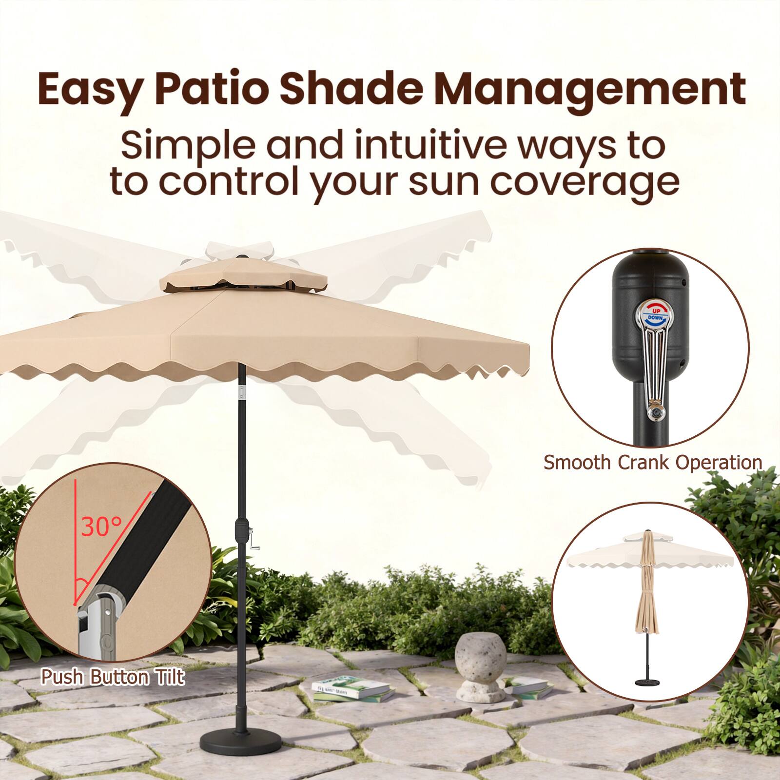 Easy Patio Shade Management  
Simple and intuitive ways to control your sun coverage  

Smooth Crank Operation  

30° Push Button Tilt