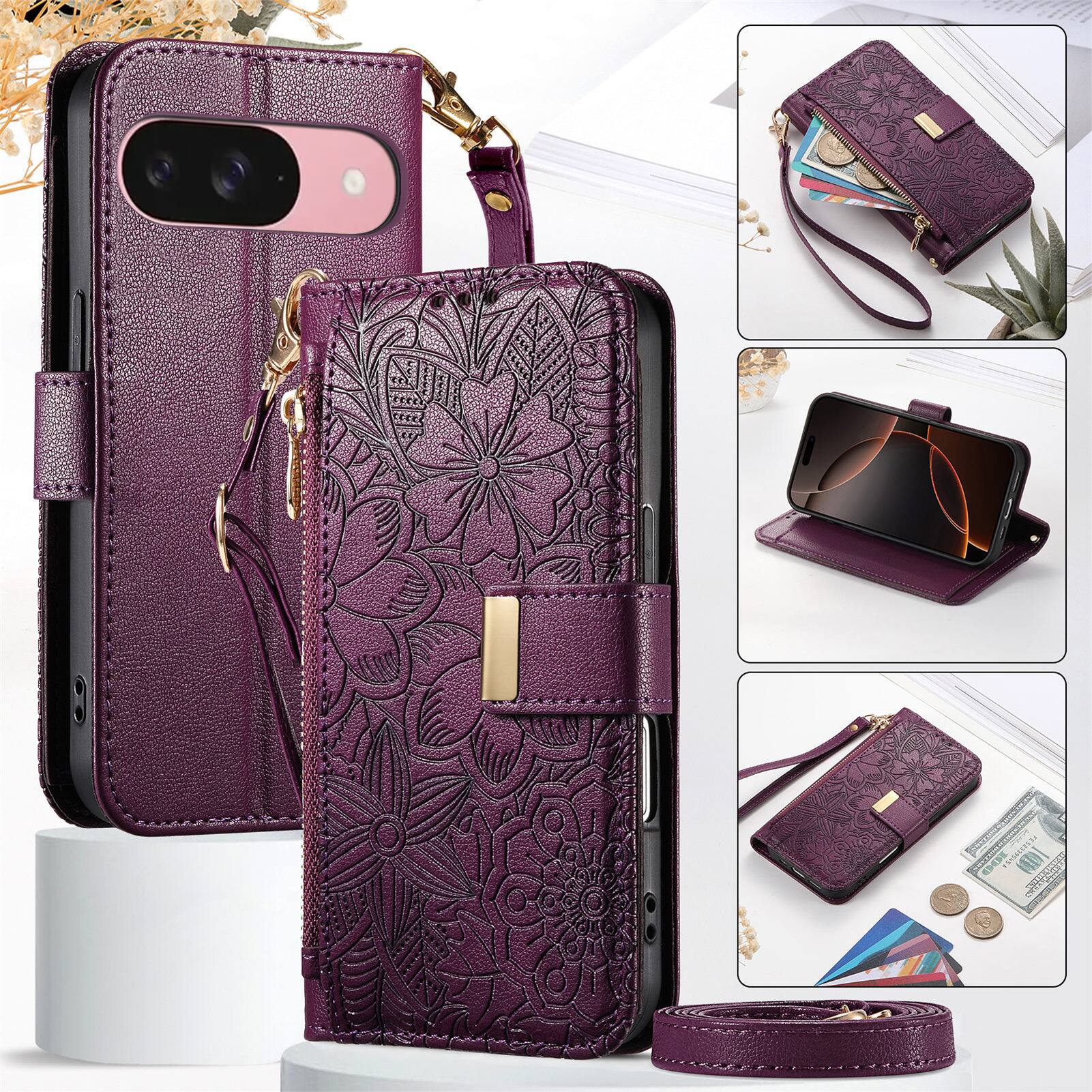 Left. UUCOVER - Flip Wallet Case for Google Pixel 10/10 Pro /9/9 Pro with Zipper Pocket, Card Slots, Cash Holder, Shoulder & Wrist Strap - Purple.