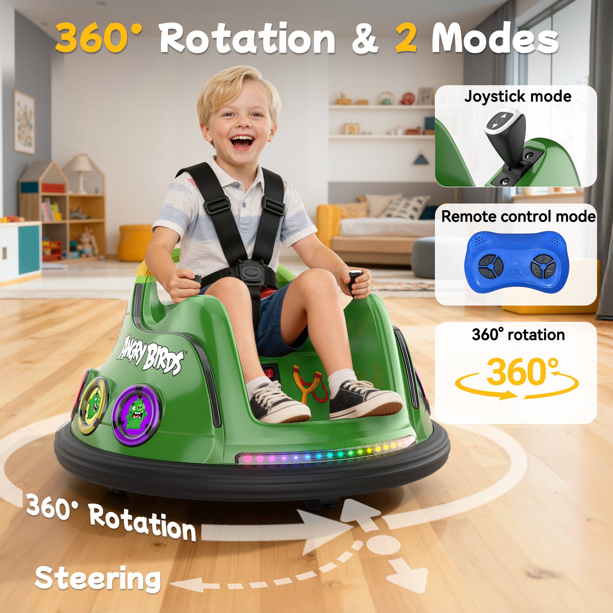360° Rotation & 2 Modes

Joystick mode
Remote control mode

360° rotation

360° Rotation Steering
