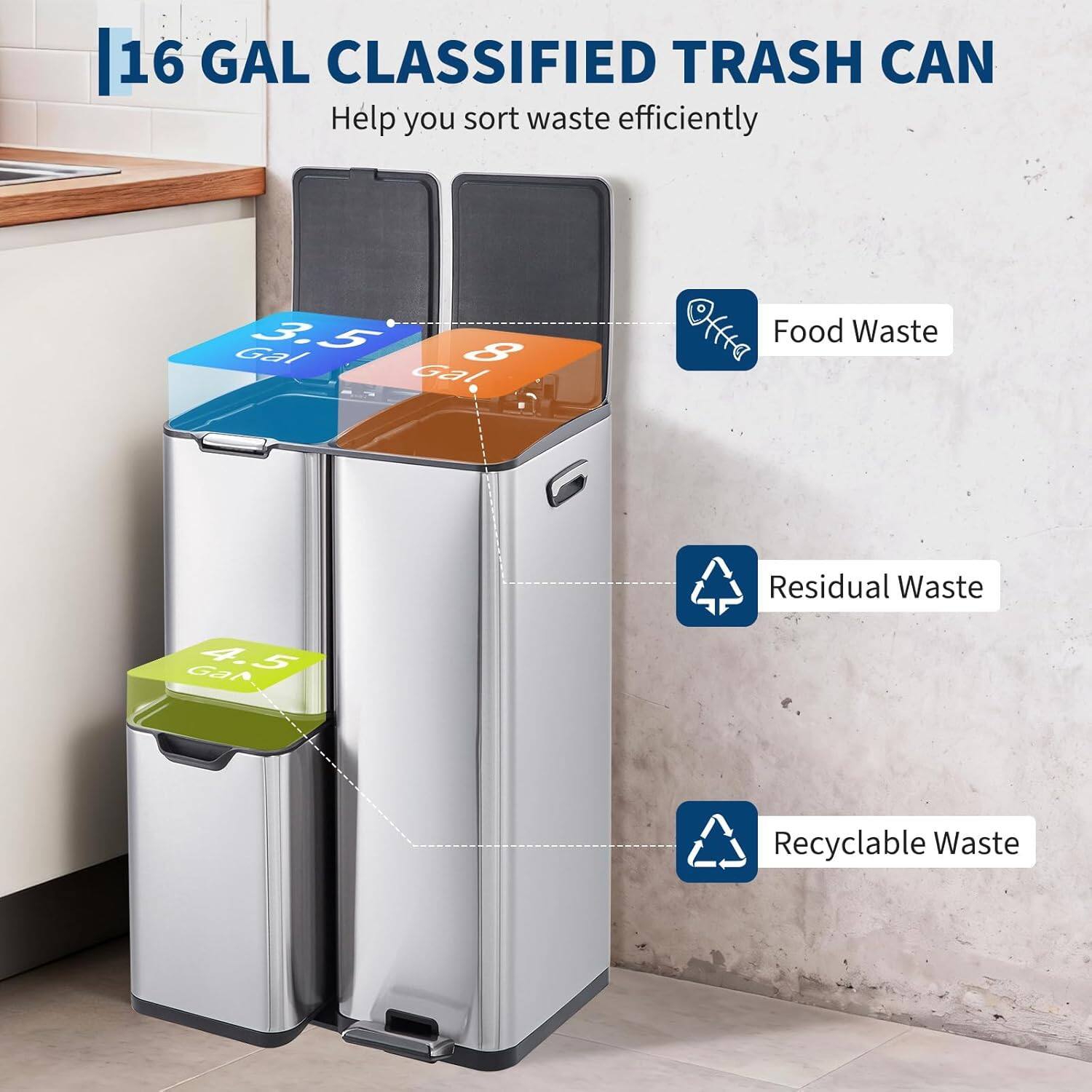 16 GAL CLASSIFIED TRASH CAN  
Help you sort waste efficiently  

3.5 Gal - Food Waste  
8 Gal - Residual Waste  
4.5 Gal - Recyclable Waste