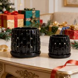 Loheer - Ceramic Orchid Pot Set, Handmade Black Planter with Saucer, Breathable Clay, Groove Pattern, 6 and 8 Inch