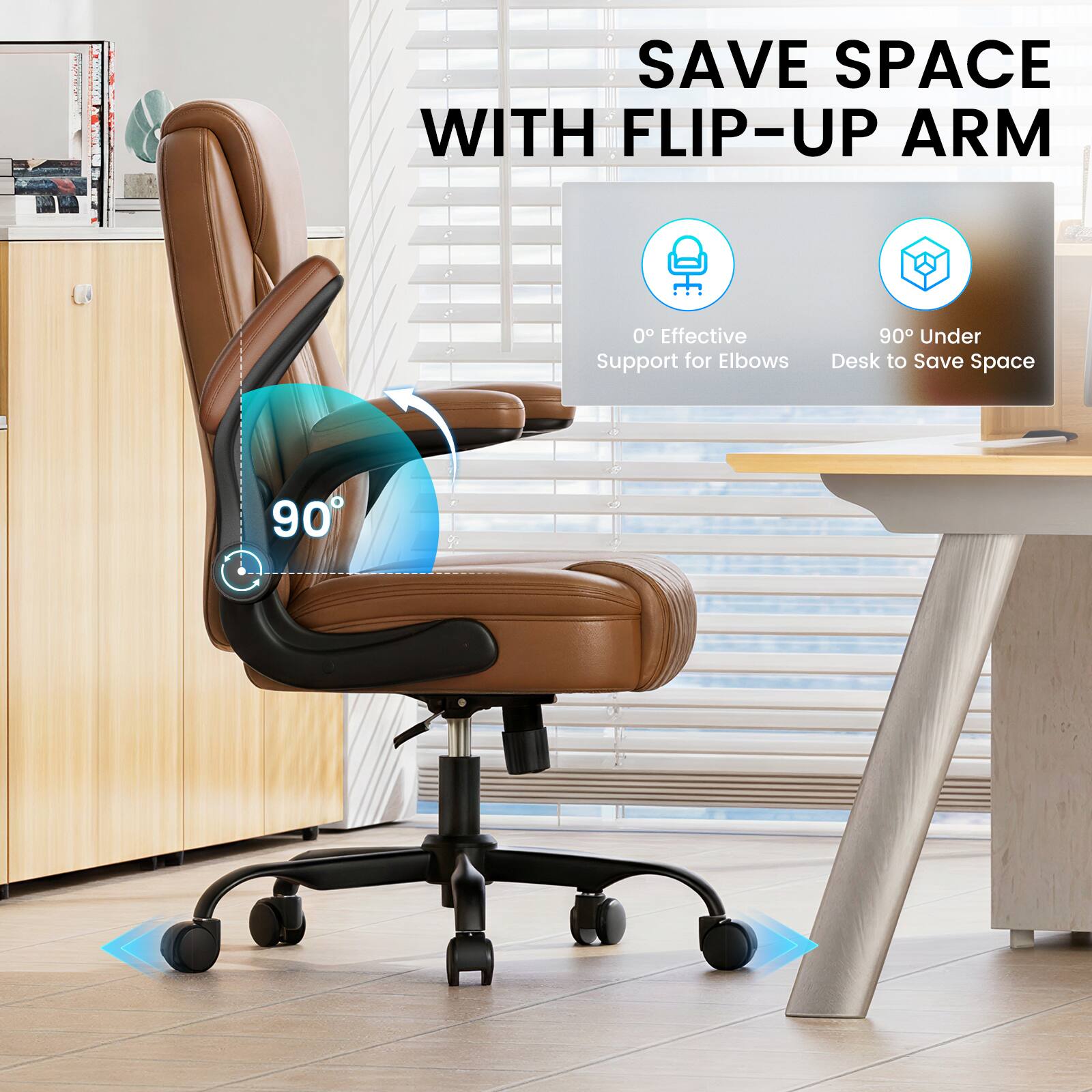 SAVE SPACE WITH FLIP-UP ARM  
0° Effective Support for Elbows  
90° Under Desk to Save Space