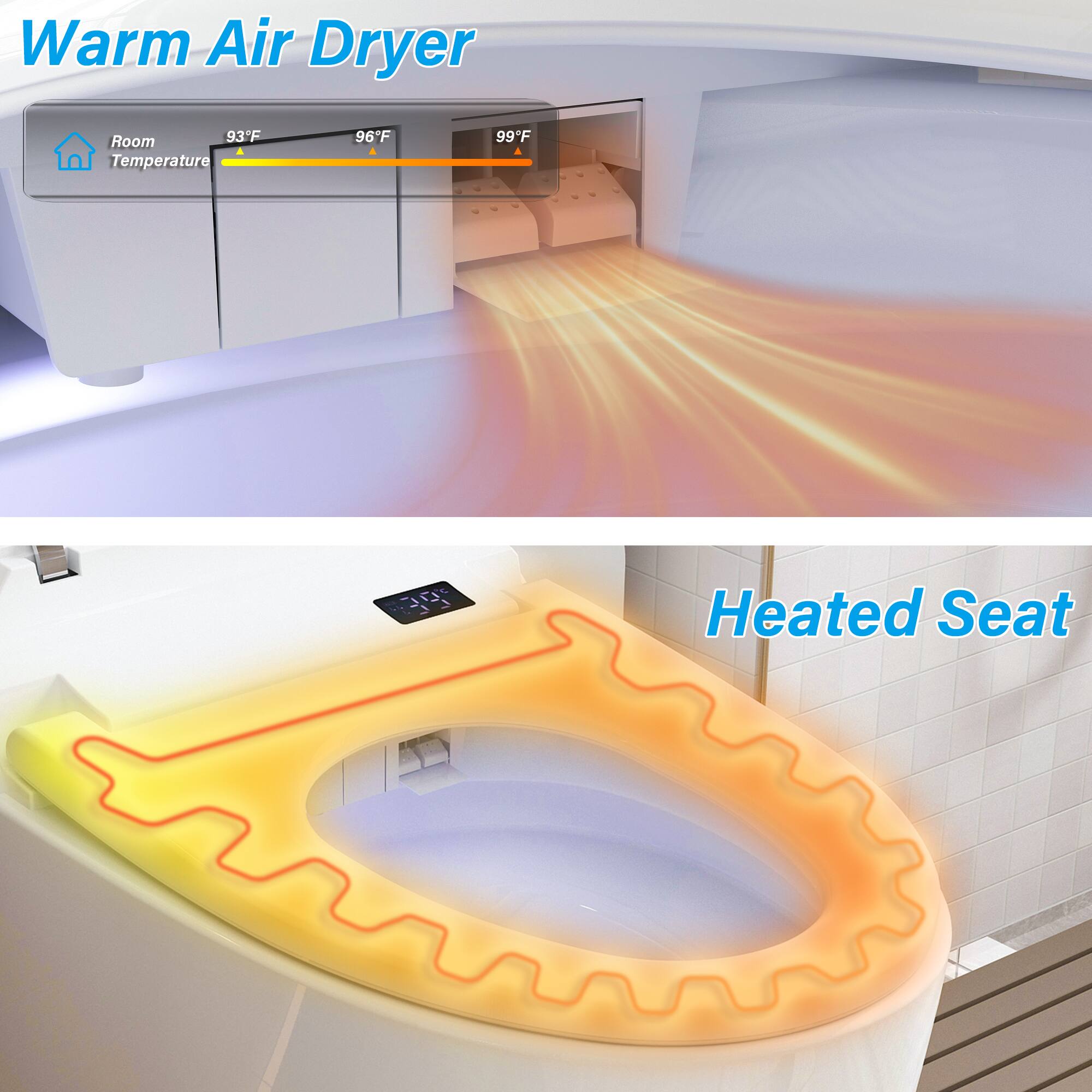 Warm Air Dryer  
Room Temperature: 93°F  
96°F  
99°F  

Heated Seat