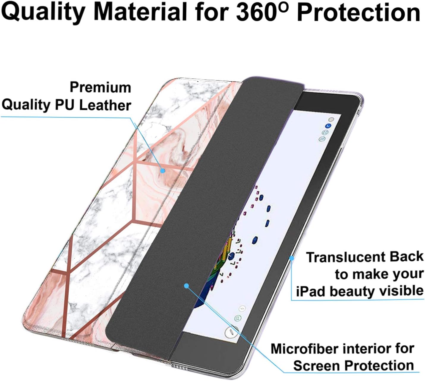 Quality Material for 360° Protection

Premium Quality PU Leather

Translucent Back to make your iPad beauty visible

Microfiber interior for Screen Protection