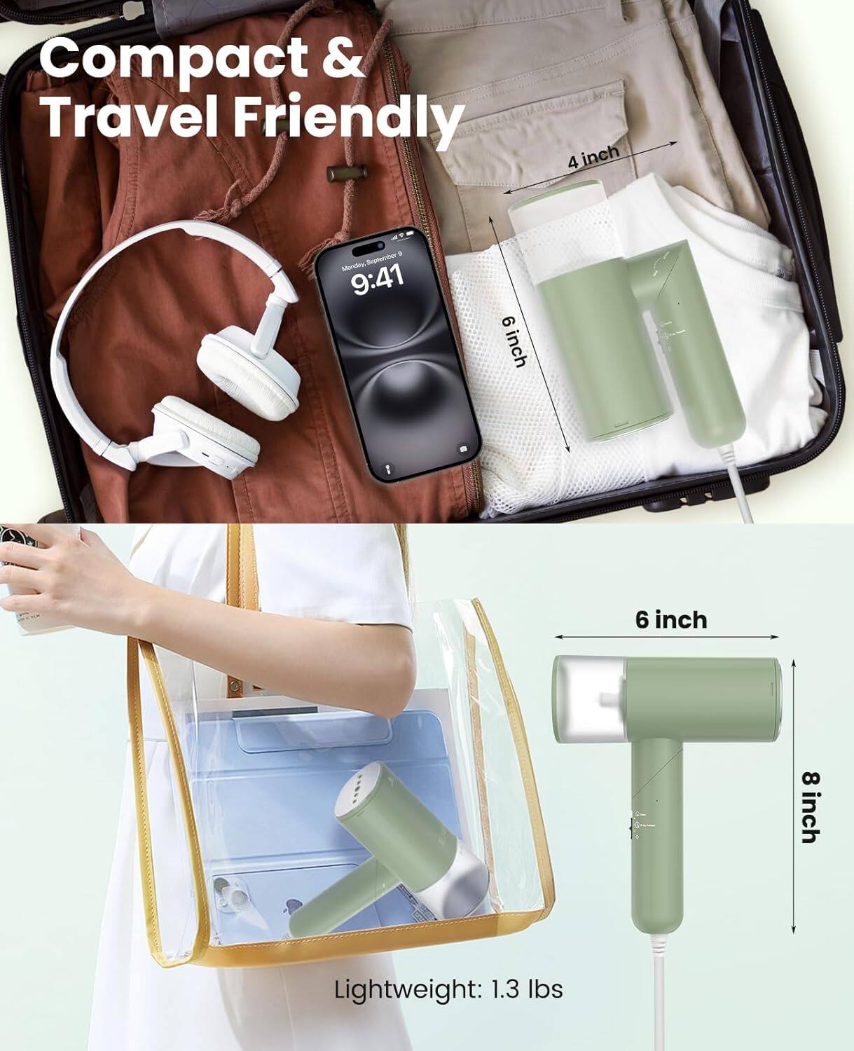 Compact & Travel Friendly

4 inch  
6 inch  
8 inch  
9 inch  

Lightweight: 1.3 lbs