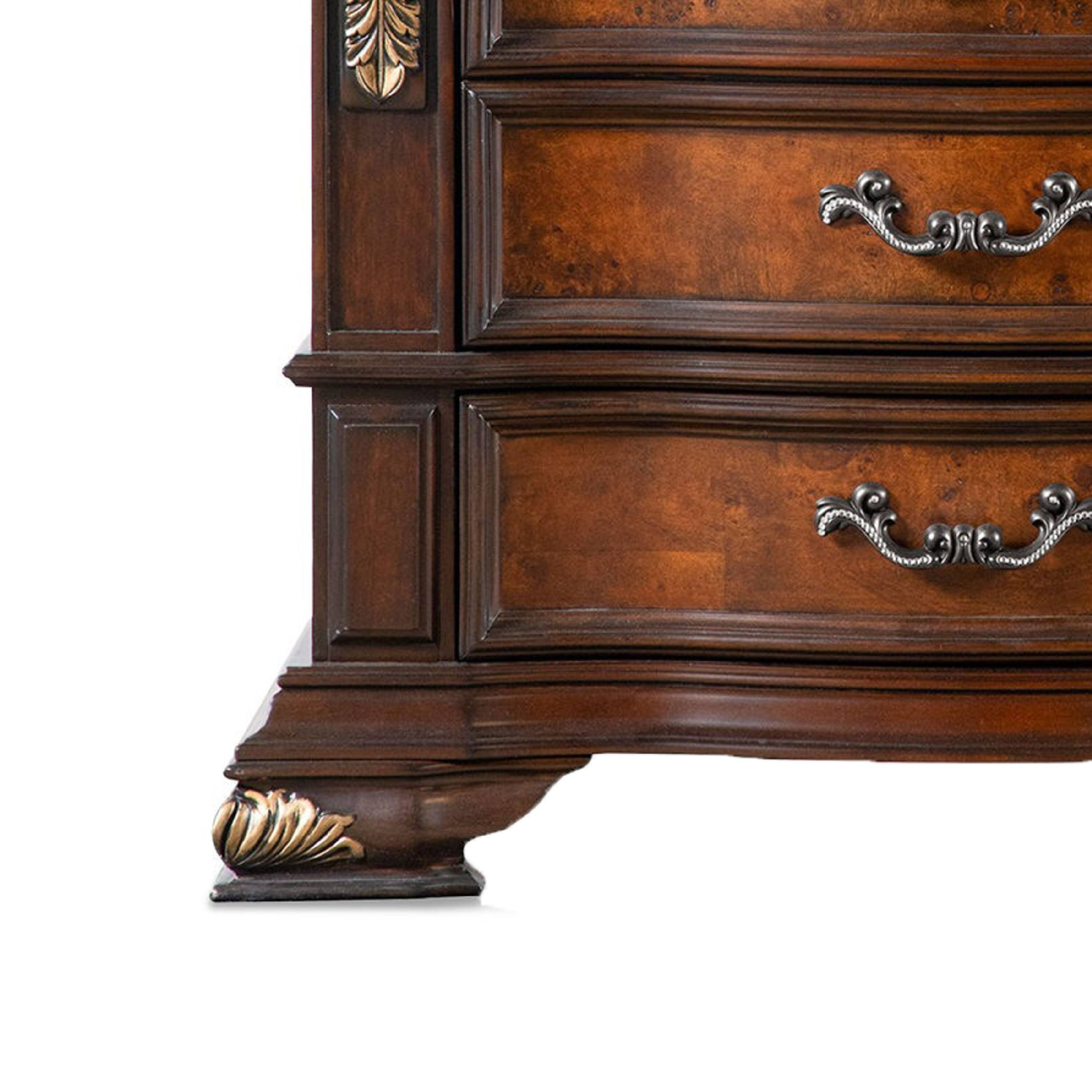 Alt View 3. Manhattan Lane - Iliana Nightstand, 3 Drawers, Ornate Oak and Dark Cherry Brown, 33 Inch - Cherry Brown, Oak Brown, Gold, Bronze.