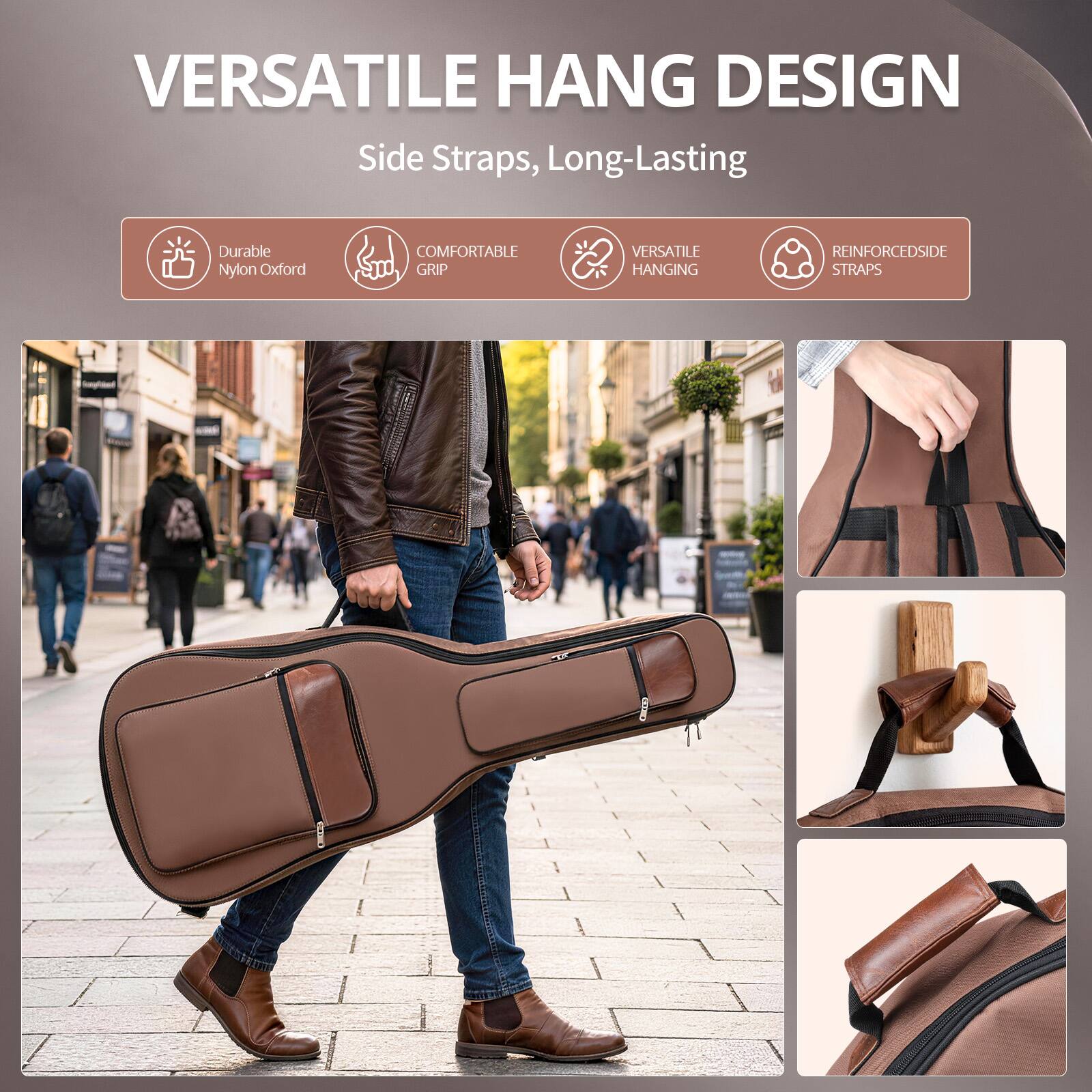 VERSATILE HANG DESIGN  
Side Straps, Long-Lasting  

Durable Nylon Oxford  
COMFORTABLE GRIP  
VERSATILE HANGING  
REINFORCED SIDE STRAPS