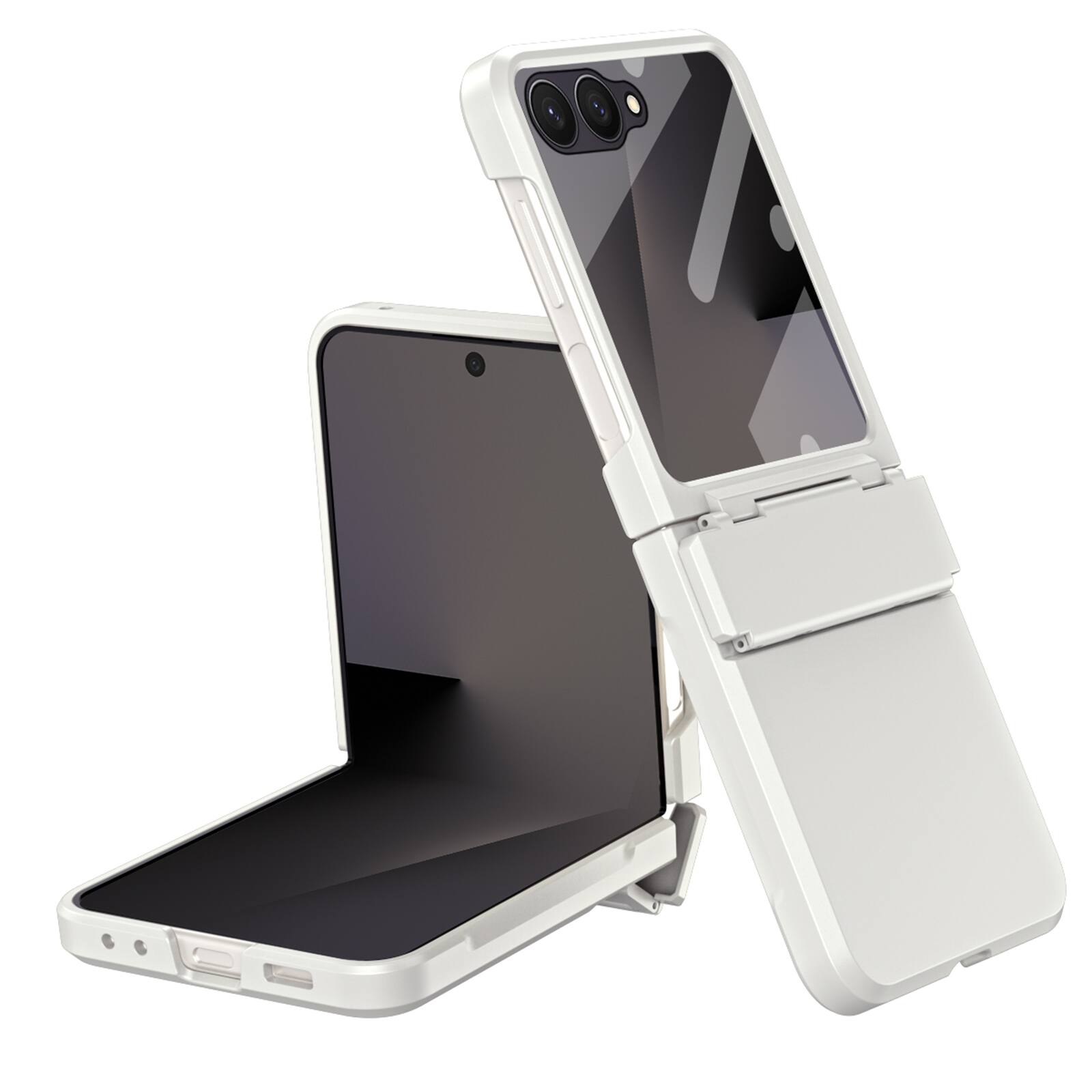 Angle. Dteck - Shockproof Case for Samsung Galaxy Z Flip7 with Hinge Protection, Hard PC Cover Built-in Tempered Glass Screen Protector - White.