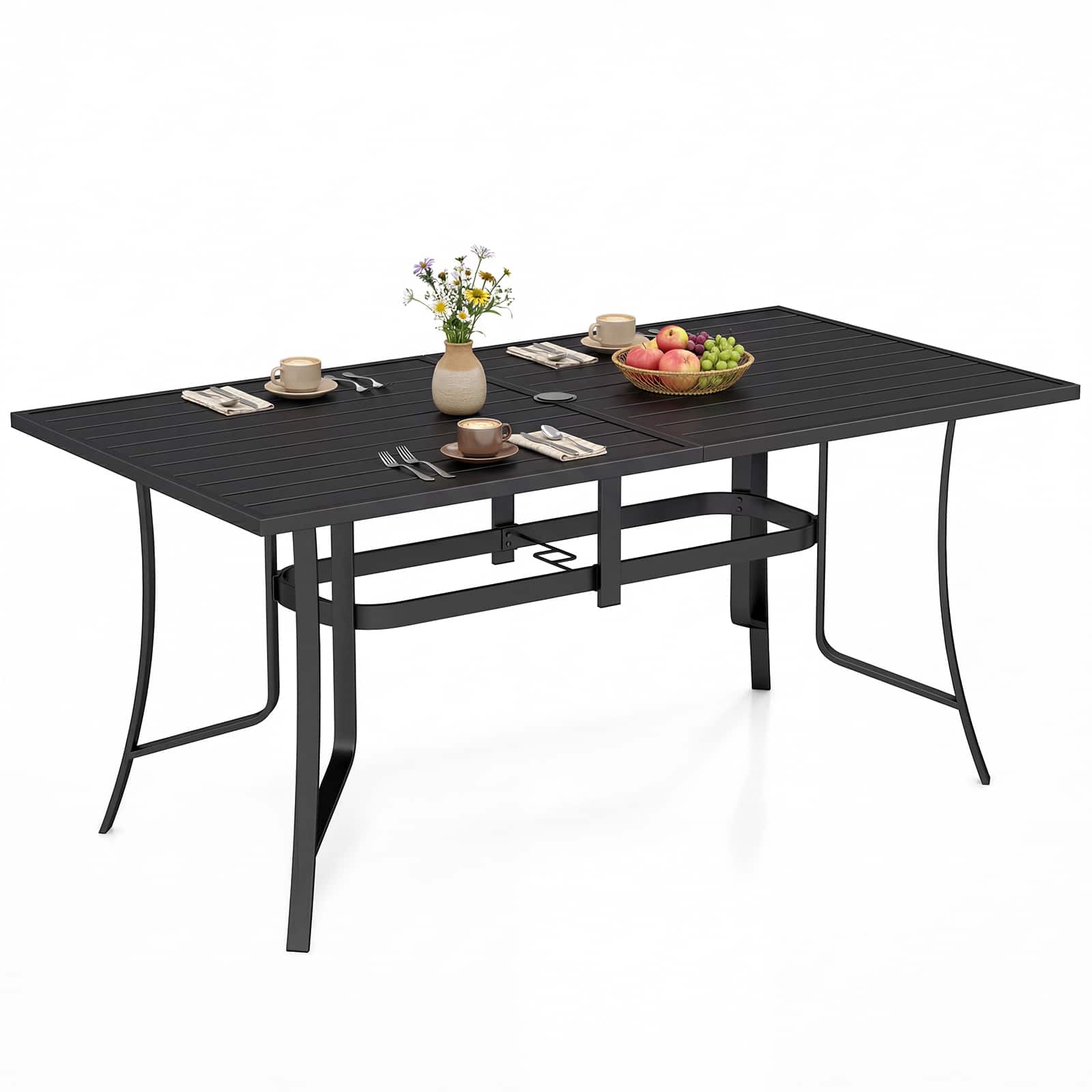 Gymax - Patio Dining Table 63'' x 33'' Rectangle Metal Slat Table w/Umbrella Hole for Lawn - Black