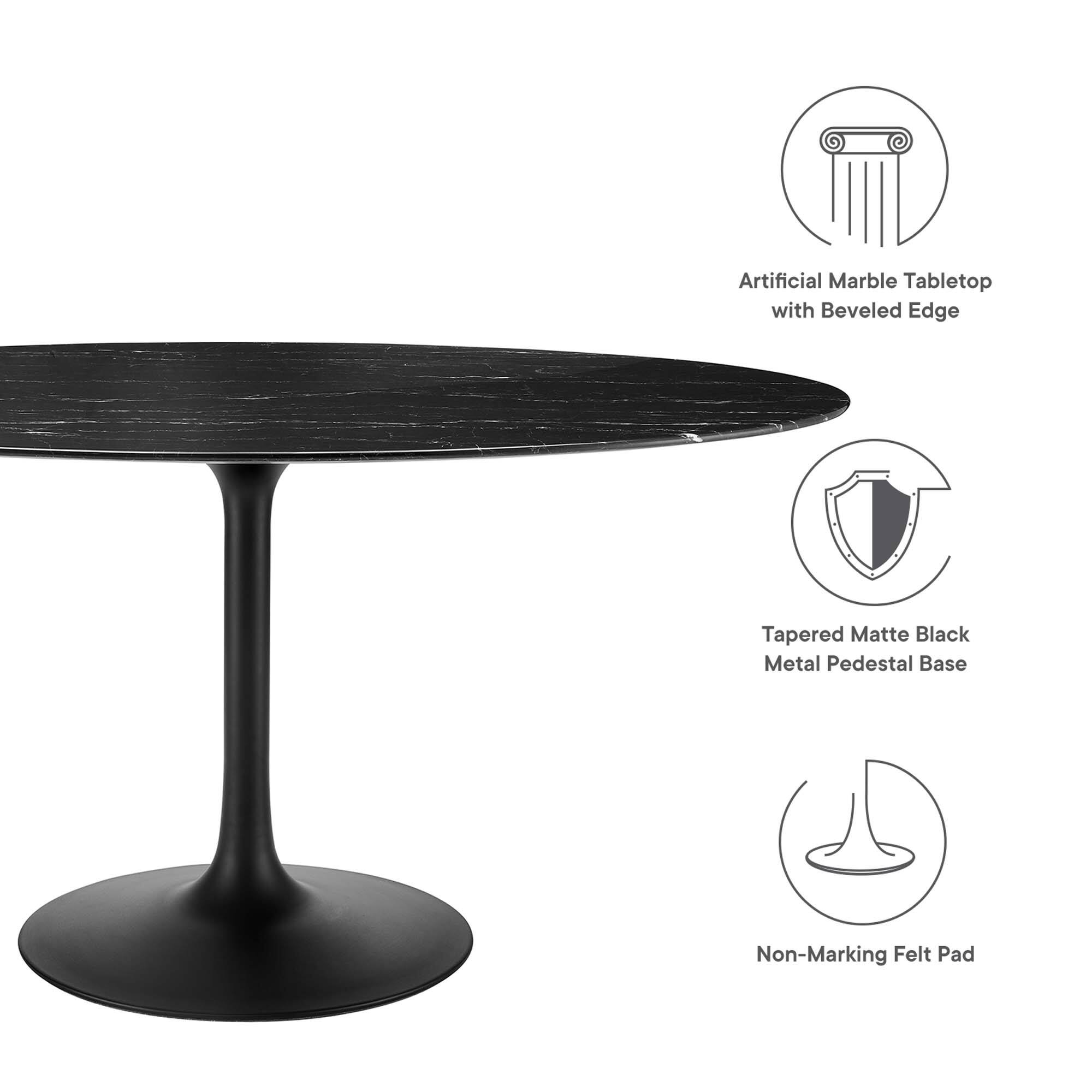Artificial Marble Tabletop with Beveled Edge  
Tapered Matte Black Metal Pedestal Base  
Non-Marking Felt Pad