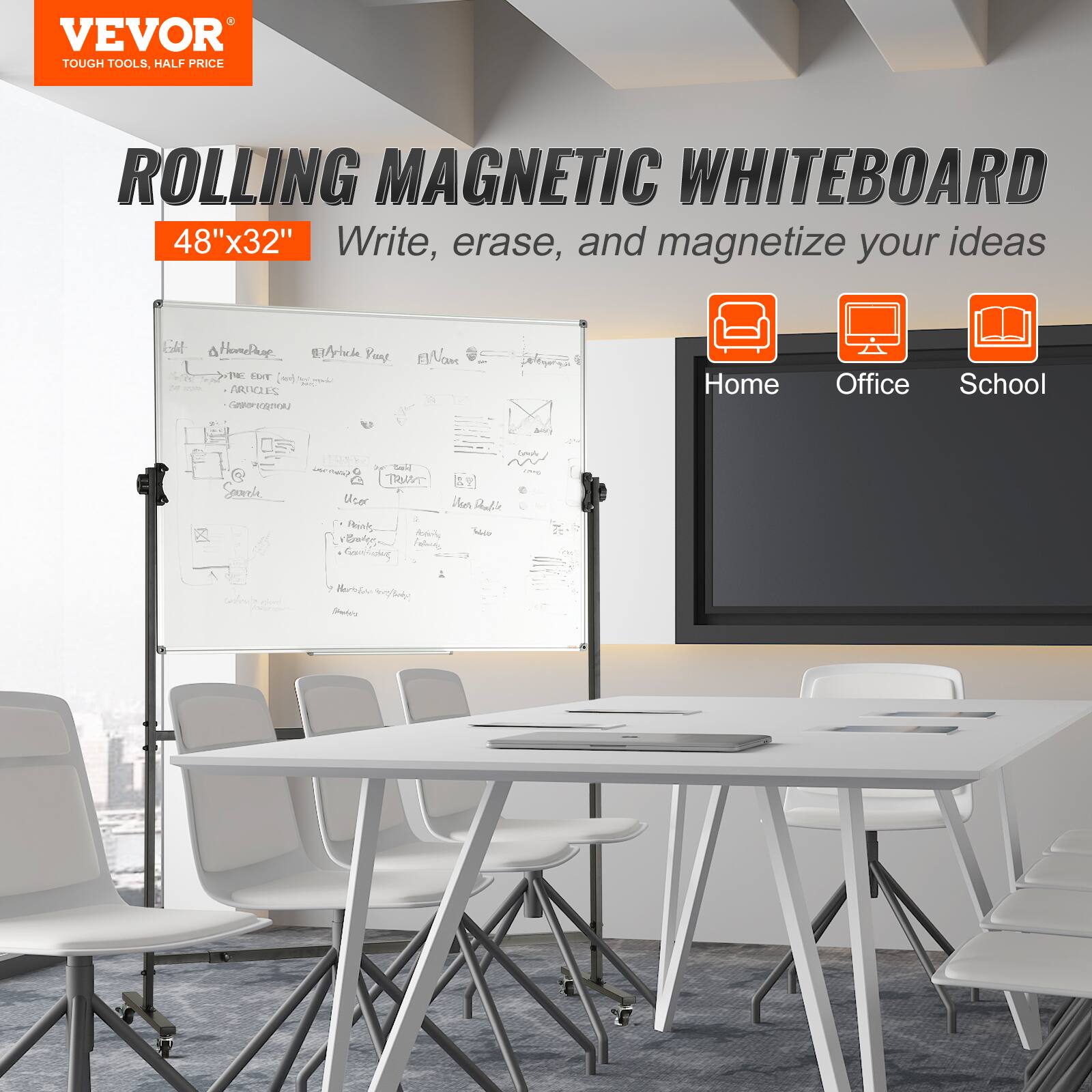 VEVOR TOUGH TOOLS, HALF PRICE ROLLING MAGNETIC WHITEBOARD 48"x32" Write, erase, and magnetize your ideas. Use at home, in the office, or in school.