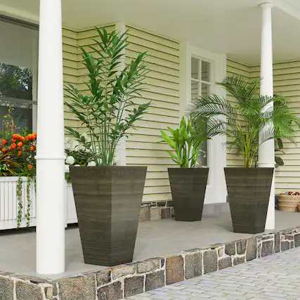 Front. Outsunny - Tall Planter for Outdoor Plants Set of 3, 28 Inch Taper Planter with Drainage Holes, Wood Grain Decor Garden Pot - Dark Brown.