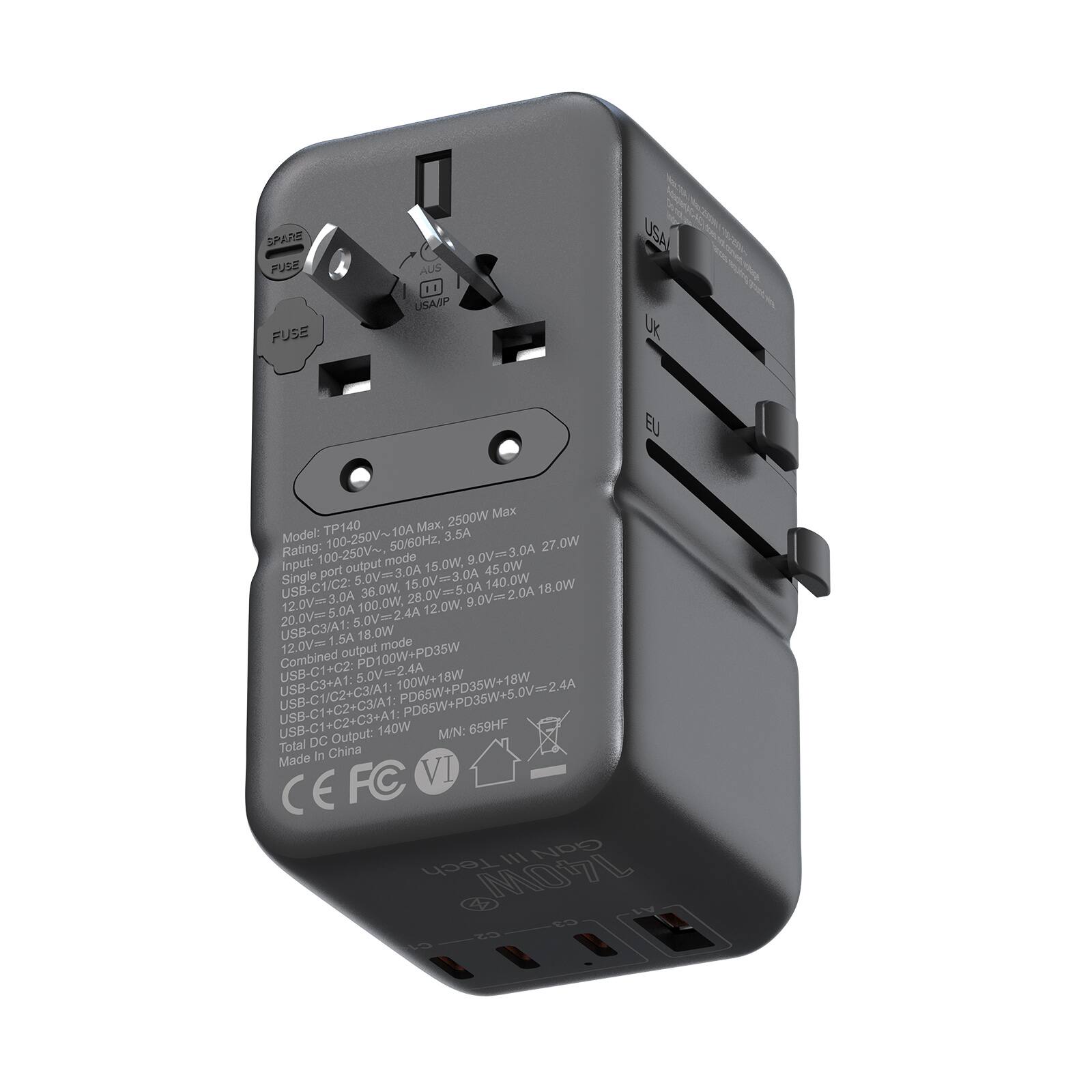 The text on the image reads: "Spare use USA Fuse, UK, EU, 2500W, Max. Model: 100-250V~ 50/60Hz. 3.5A Rating: 27.0W Input: 100-250V~ outputmode mode 15.0W. 9.0V=3.0A port output 5.0V=m3.0A 3.04 45.0W Single 15.0V=3.0A 140.0W USB-C1/C2: 36.0W. 28.0V=5.0A 2.0A 18.0W 12.0V=3.0A 100.0W. 12.0W. 9.0V==2.0A 20.0V 5.0A 5,0V=24A USB-C3/A1: 18.0W 12.0V==1.5A output PD100W+PD35W mode Combined USB-C1+C2: 5.0V=24A 100W+18W USB-C1/C2+C3/A1: USB-C3+A1: PD65W+PD35W+18W USB-C1+C2+C3/A1: 659HF Output: 140W M/N: Total DC In China Made FC VI 1lI GaN Tech 14OV L C3 E L A."